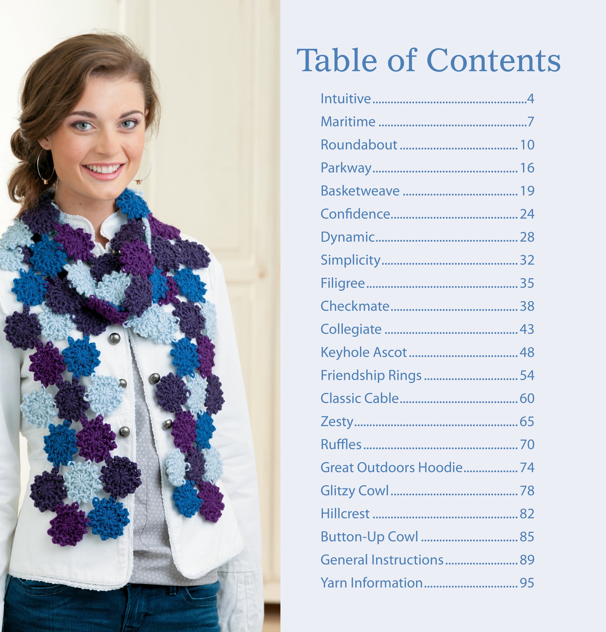 A smiling woman in a white jacket and chunky, multicolored crochet scarf stands beside the Table of Contents for Leisure Arts' The Little Encyclopedia of Crocheted Scarves Digital Download, featuring beginner patterns. The background is light and simple.