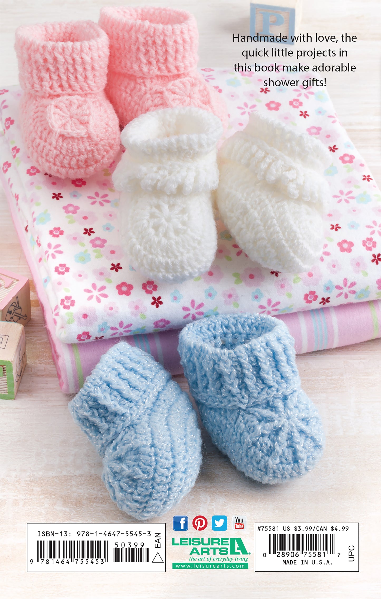 Three pairs of knitted baby booties in pink, white, and blue from Leisure Arts’ "Bibs, Bottle Covers & Booties" are displayed on patterned blankets—ideal cute, handmade shower gifts that pair perfectly with matching bibs and bottle covers.