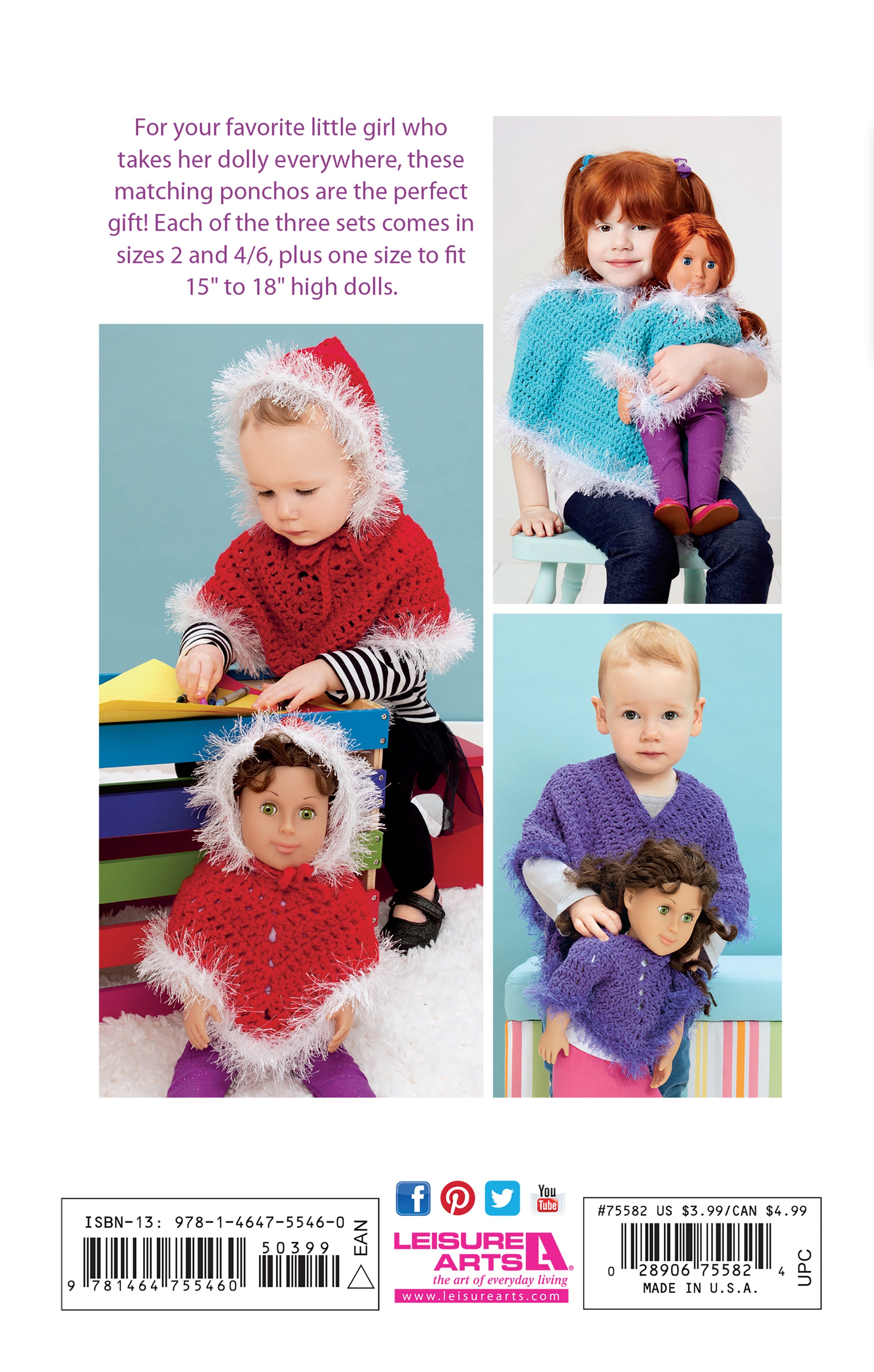 Three girls hold 15"-18" dolls with matching crochet wraps in red, blue, and purple. Both wear coordinating wraps made from the "Crochet Wraps for Dolly & Me" pattern by Leisure Arts. The background is light blue and white.