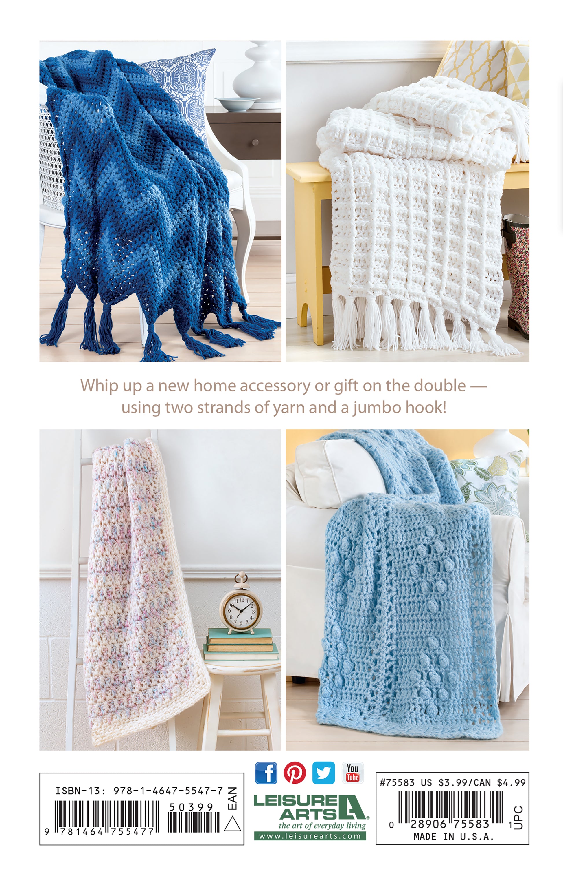 Four beginner-friendly afghans from Leisure Arts' Easy Q-Hook Afghans Digital Download in blue, white, pastel multicolor, and light blue drape stylishly over chairs and a bench—perfect projects for your jumbo Q hook.