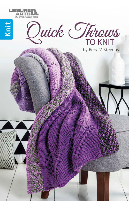 Cover of Quick Throws to Knit by Leisure Arts, showing a purple knit throw made from quick patterns draped over a gray chair.