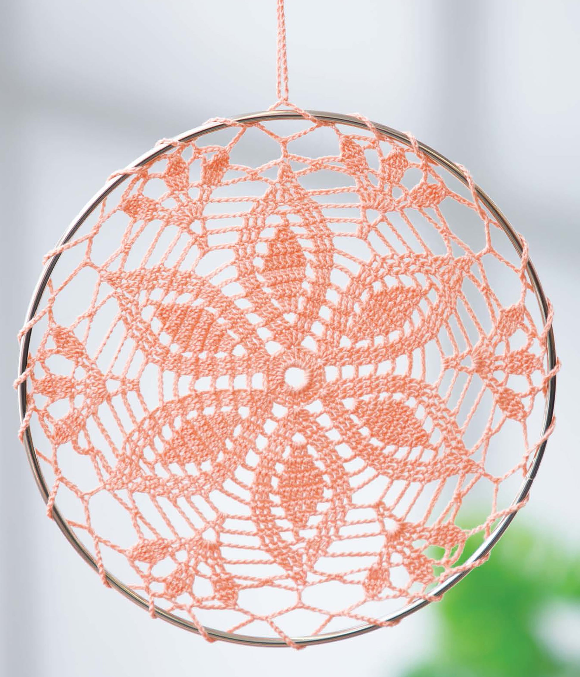 The Quick Thread Projects Digital Download by Leisure Arts features a pink floral crochet dreamcatcher in a metal hoop—perfect for beginner projects and beautiful as home decor. Ideal for adding handmade charm to any space.