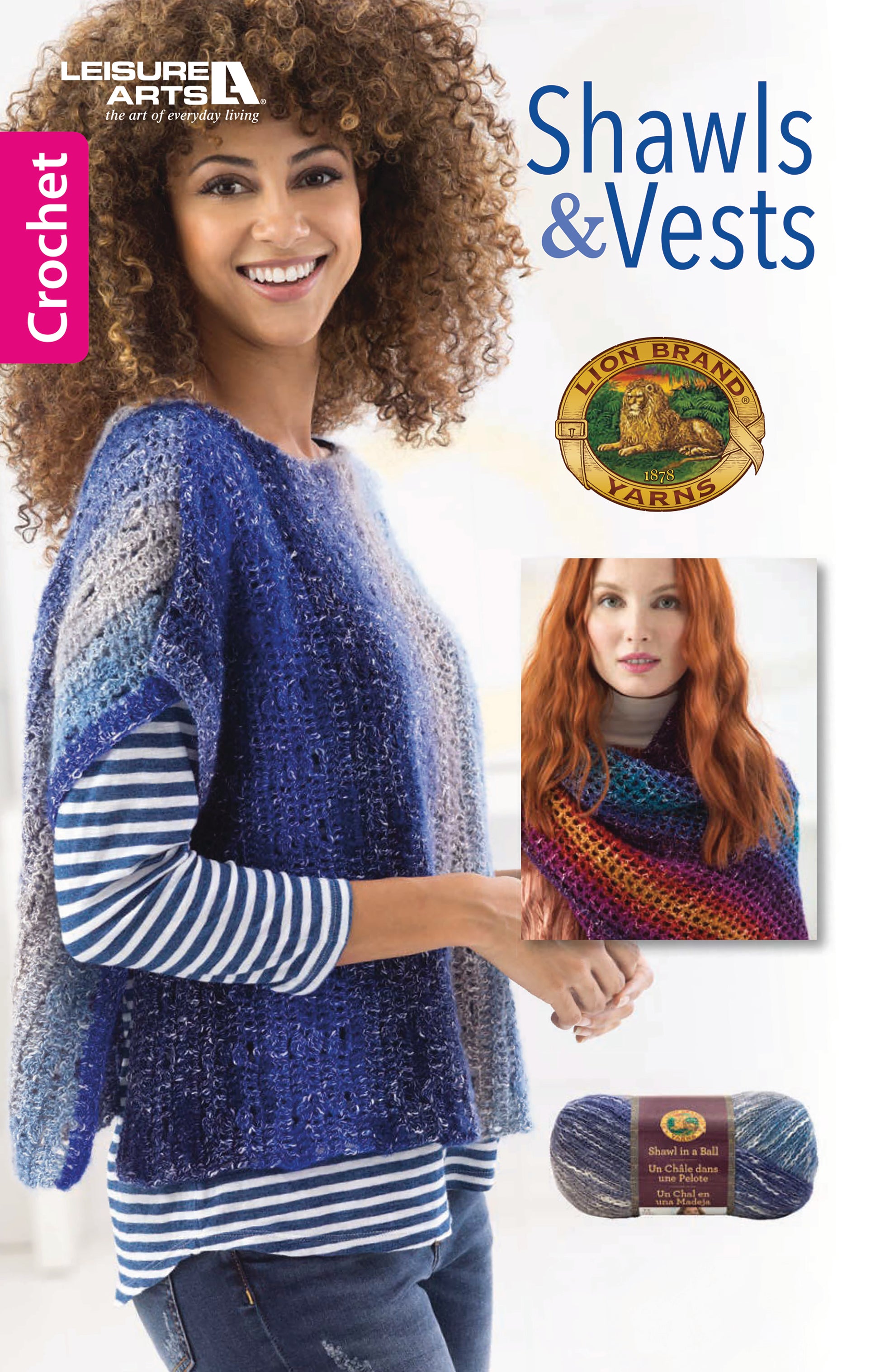 A smiling woman with curly hair wears a blue crochet shawl over a striped shirt. The text reads "Shawls & Vests—Crochet 7 Bohemian Designs" by Leisure Arts, with photos of stylish garments and vests patterns featured.