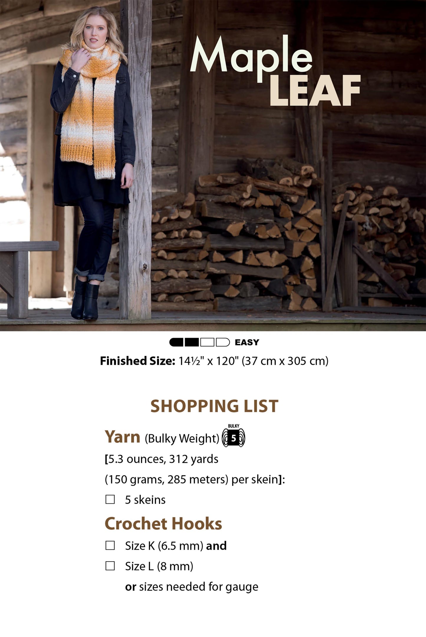 A woman in a yellow and white scarf stands by a rustic wooden wall. The image features text for Leisure Arts' Textured Super Scarves Crochet, including patterns and a beginner crochet essentials shopping list.