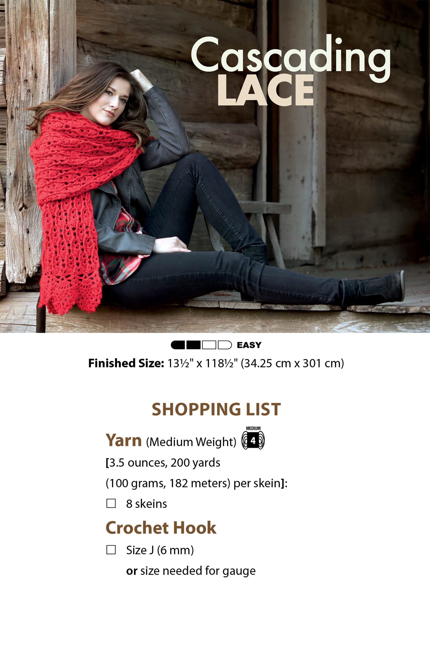 A woman on a wooden porch wears a red crocheted lace scarf, black jacket, and jeans. Text shows pattern details for Textured Super Scarves Crochet by Leisure Arts, shopping list, beginner tips, difficulty level, and finished size.