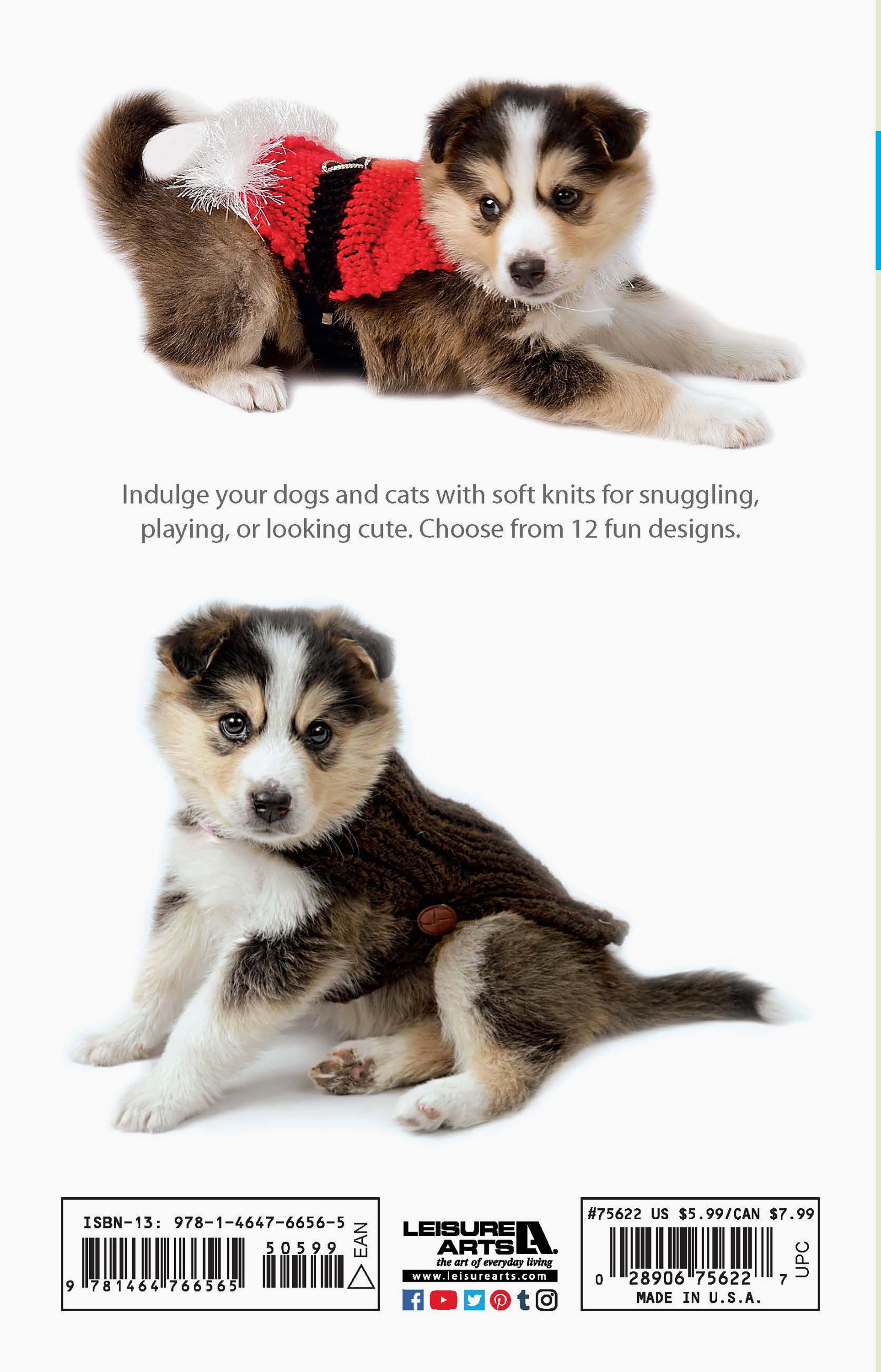 Two fluffy puppies pose in sweaters; the top wears red-and-white, the bottom brown. "Knits for Pets" by Leisure Arts inspires soft crochet knits for pets. Barcodes and publishing info appear at the bottom.