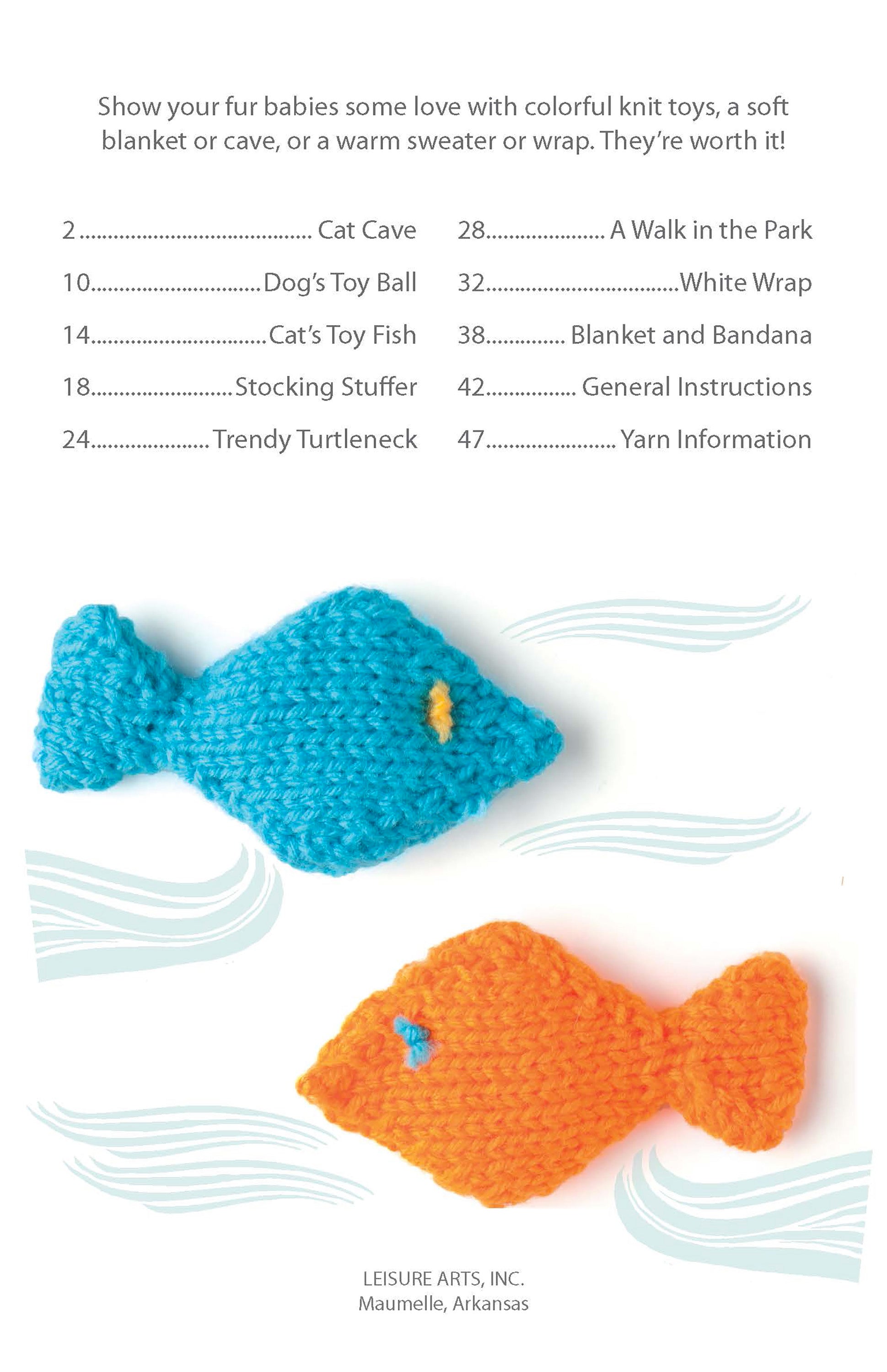 The "Knits for Pets" booklet by Leisure Arts features a table of contents page with two handknit fish cat toys—one blue, one orange—on a white background with waves, perfect for fans of beginner pet crochet patterns.