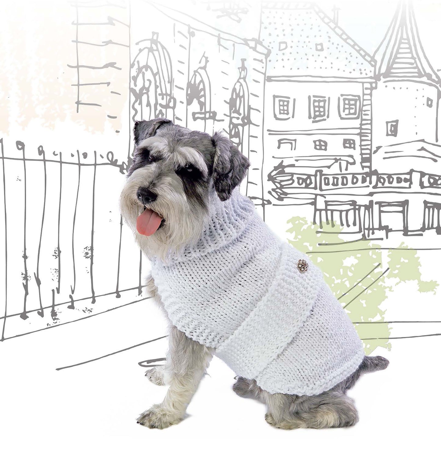A gray schnauzer in a white knitted sweater sits with its tongue out before a cityscape, modeling a stylish dog coat from Leisure Arts' Knits for Pets crochet pattern collection.