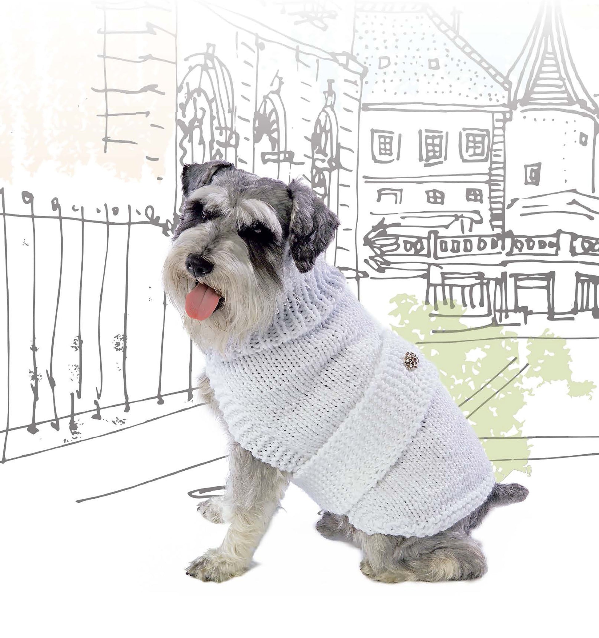 A gray schnauzer in a white knitted sweater sits with its tongue out before a cityscape, modeling a stylish dog coat from Leisure Arts' Knits for Pets crochet pattern collection.