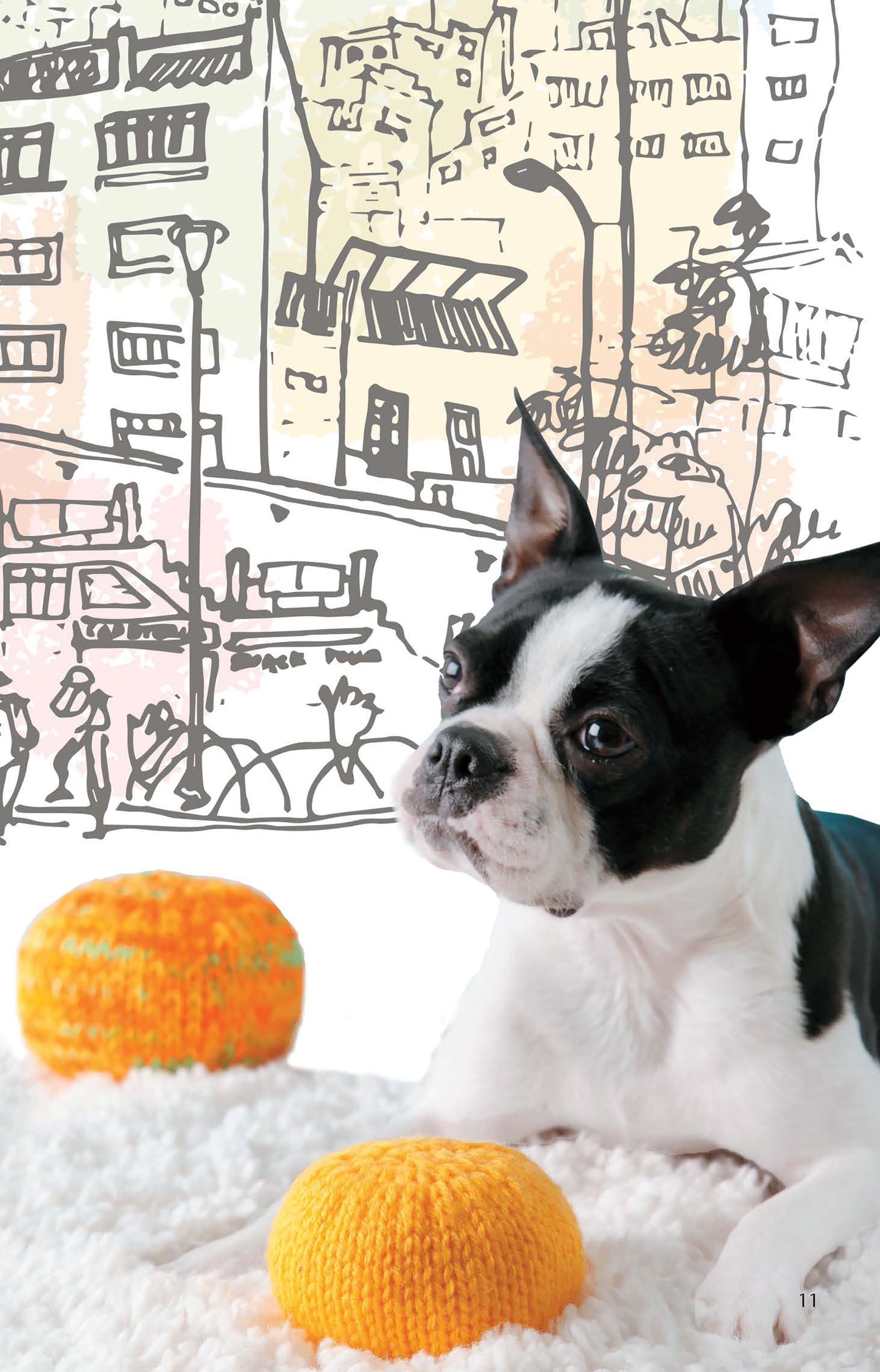 A Boston Terrier lies on a white fluffy rug with two orange crocheted balls from Knits for Pets by Leisure Arts, set against a pastel sketched cityscape—perfect inspiration for beginner crochet projects.