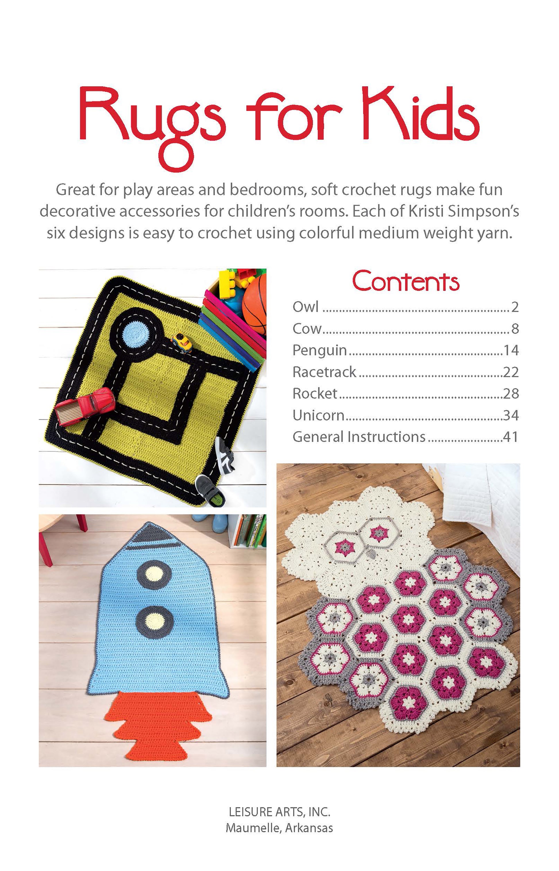 The Leisure Arts book "Crochet Rugs for Kids" features a colorful cover with a yellow map rug and a blue rocket rug. Inside are six beginner projects and a brief book description—ideal for playful kids' room décor.