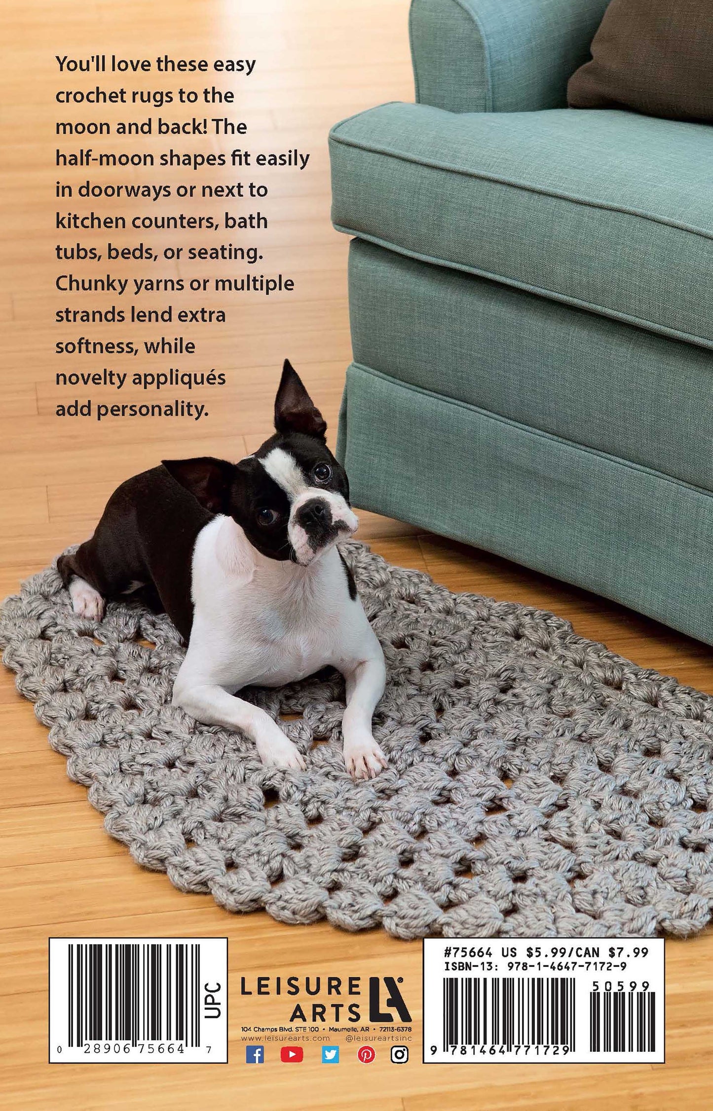 The back cover of a Leisure Arts "Half Moon Rugs" pattern book shows a Boston Terrier on a chunky gray beginner crochet rug—ideal as a kitchen door mat—next to a teal armchair on hardwood floors.