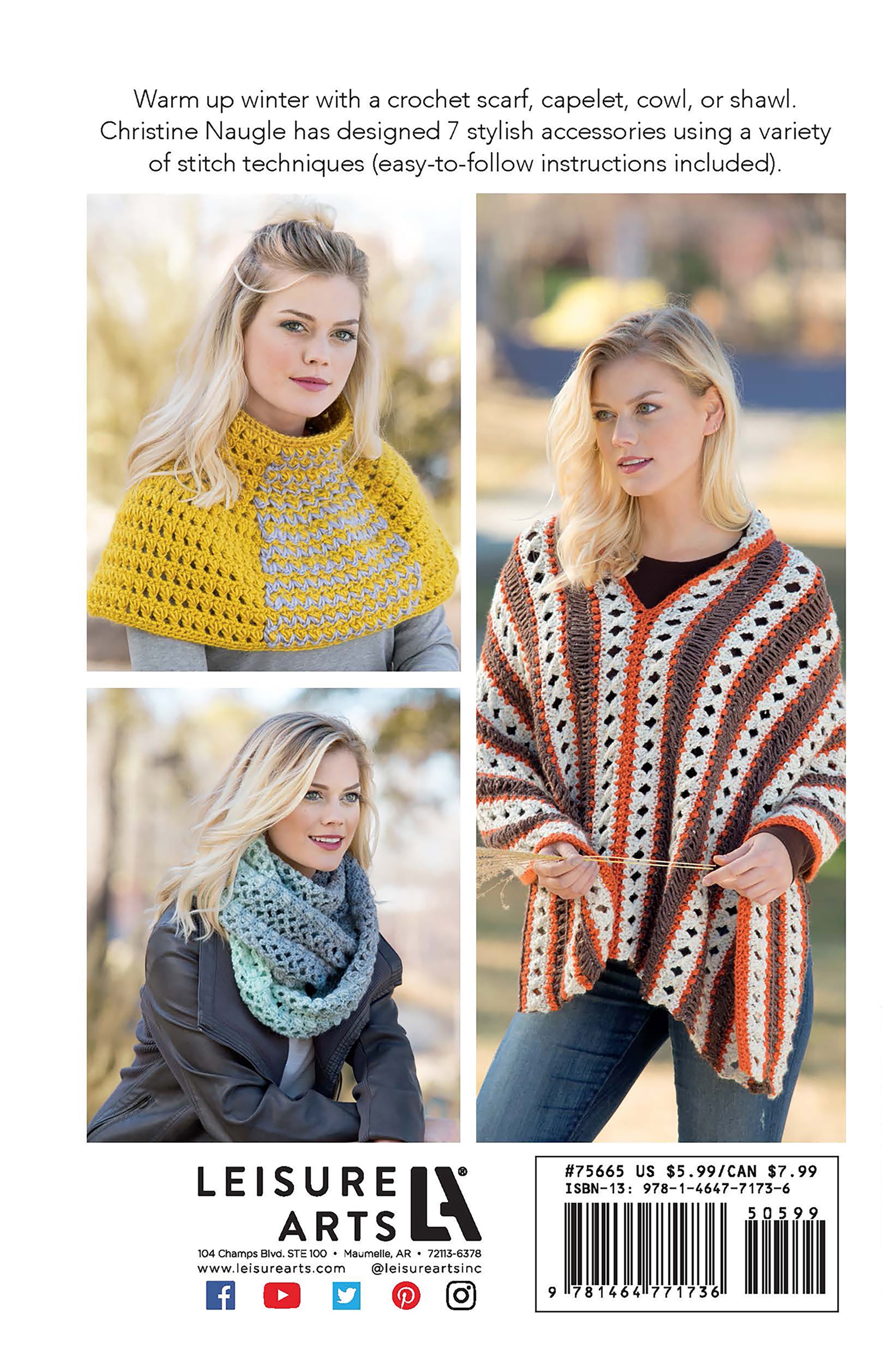 Three women model crocheted accessories from Leisure Arts' Cozy Shawls & Scarves: a yellow capelet, a chunky grey-blue scarf, and an orange-grey poncho, all made with medium weight yarn and featuring broomstick lace.