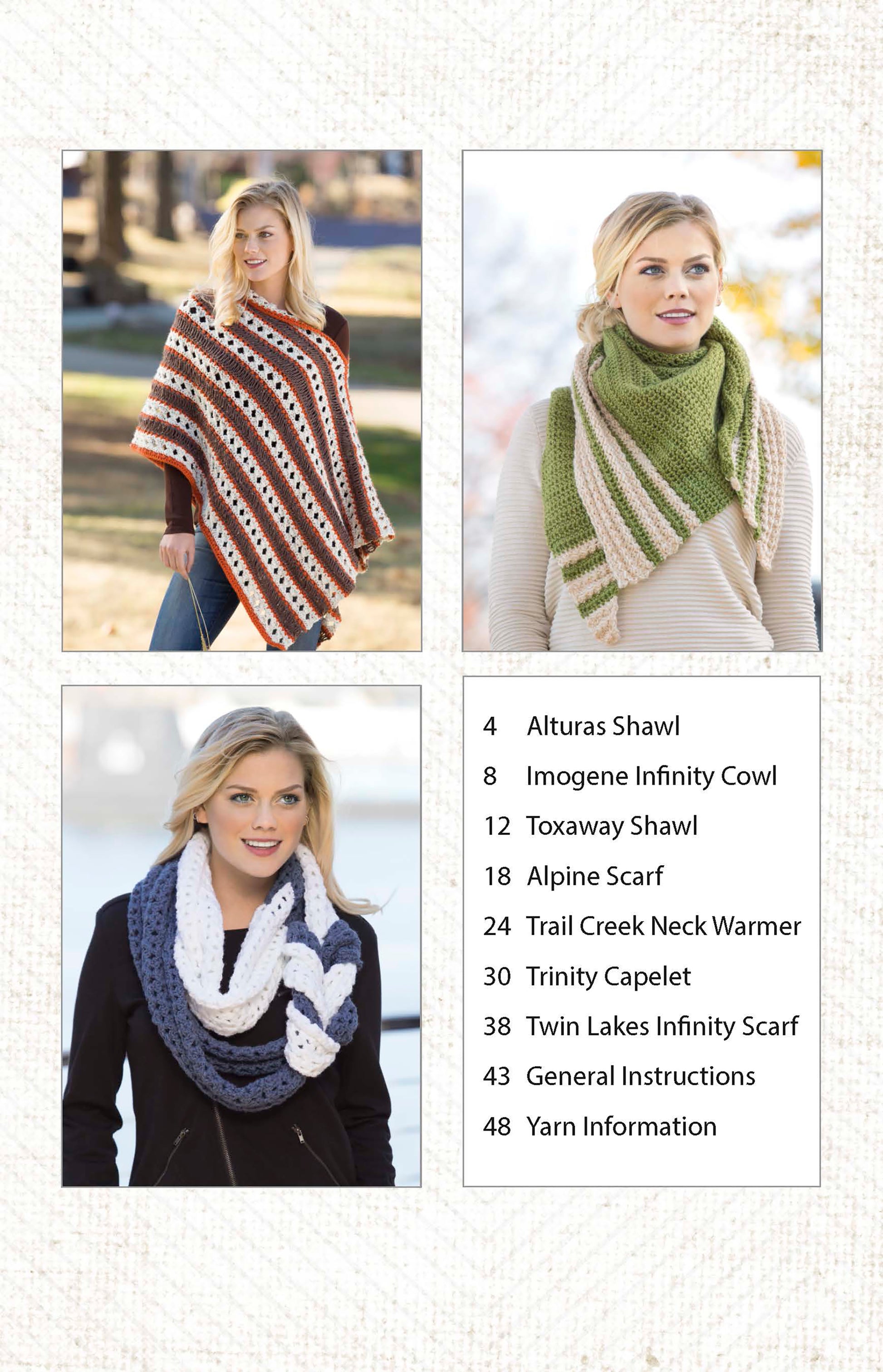 Three photos display a woman modeling Cozy Shawls & Scarves by Leisure Arts. Beside her, crochet patterns like Alturas Shawl and Imogene Infinity Cowl are listed among the featured designs.