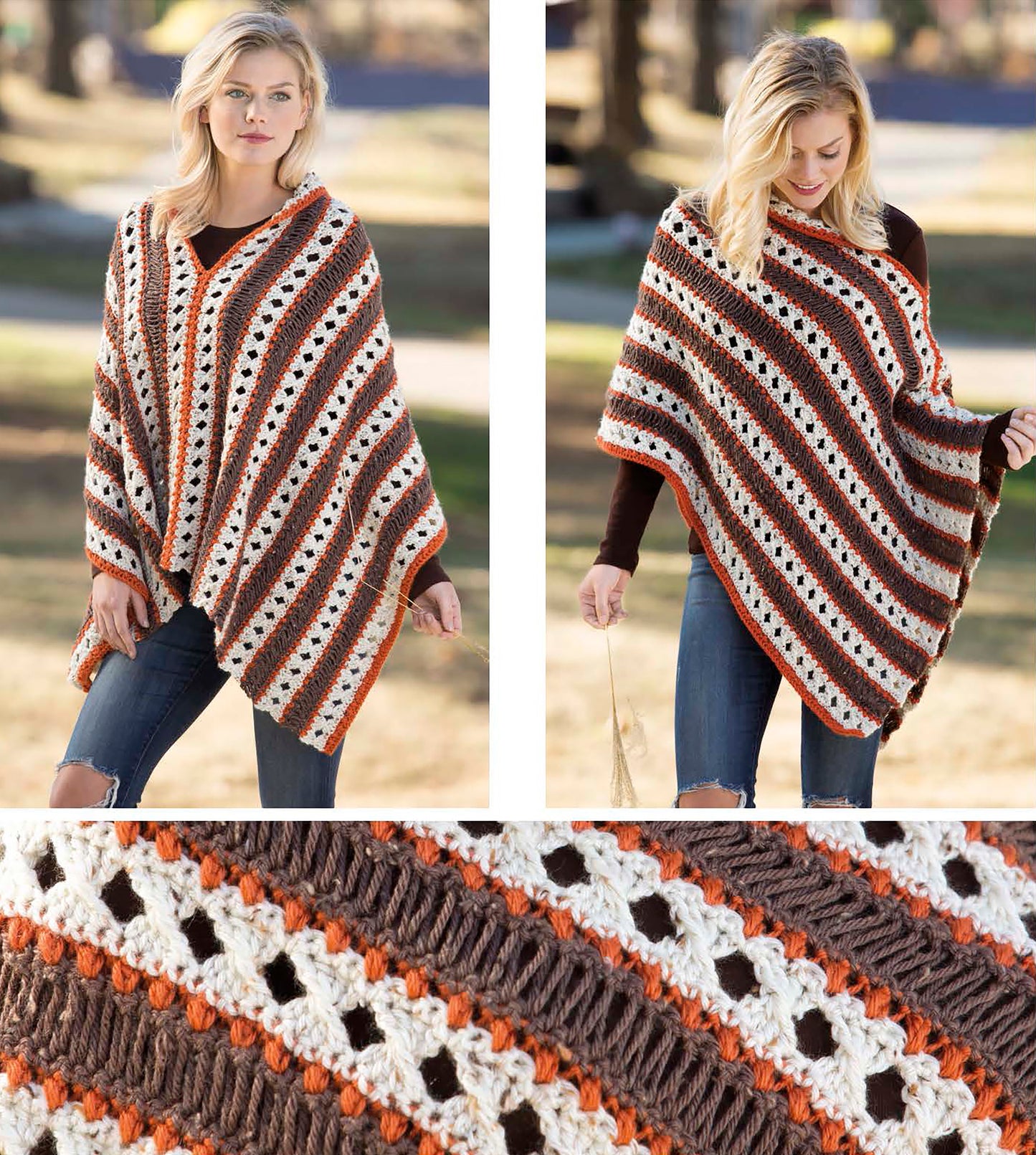 A woman models a striped poncho in brown, orange, and cream from Cozy Shawls & Scarves by Leisure Arts; close-up reveals the textured openwork pattern inspired by classic shawl crochet designs.