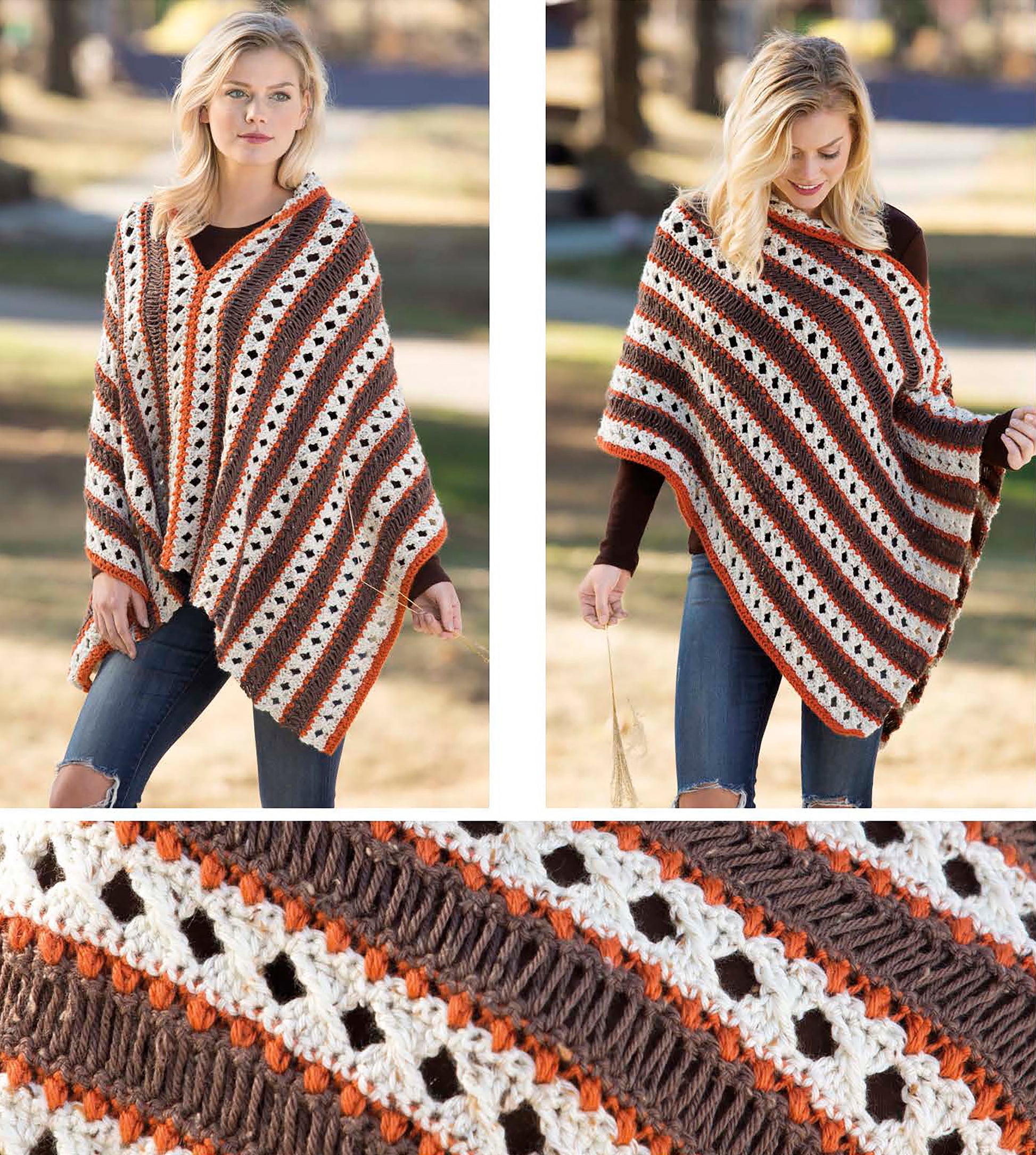 A woman models a striped poncho in brown, orange, and cream from Cozy Shawls & Scarves by Leisure Arts; close-up reveals the textured openwork pattern inspired by classic shawl crochet designs.