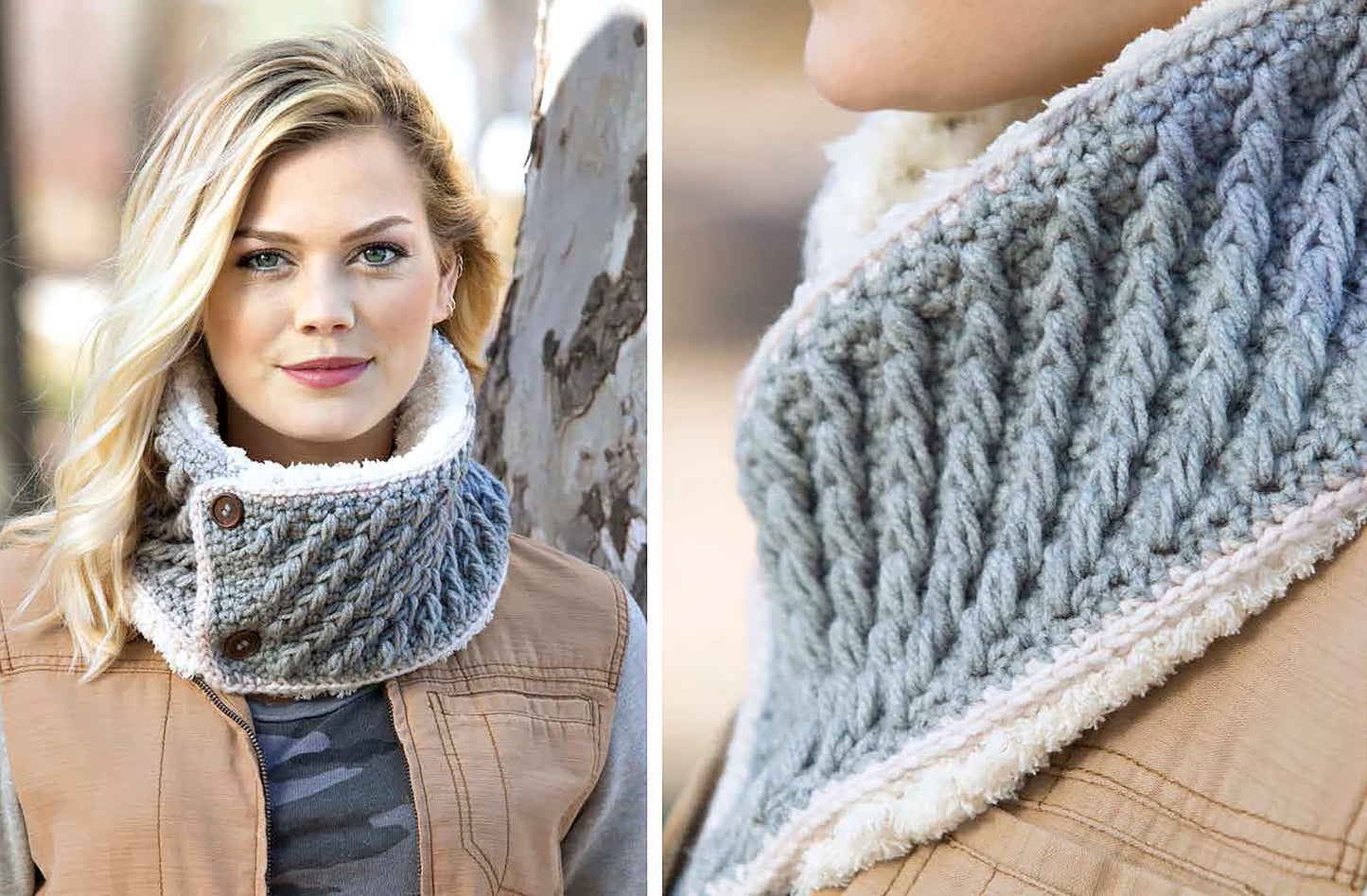 A woman models a tan vest with a gray and white chunky cowl from Cozy Shawls & Scarves by Leisure Arts; the left image shows her facing forward, while the right highlights the scarf’s texture and button accents up close.