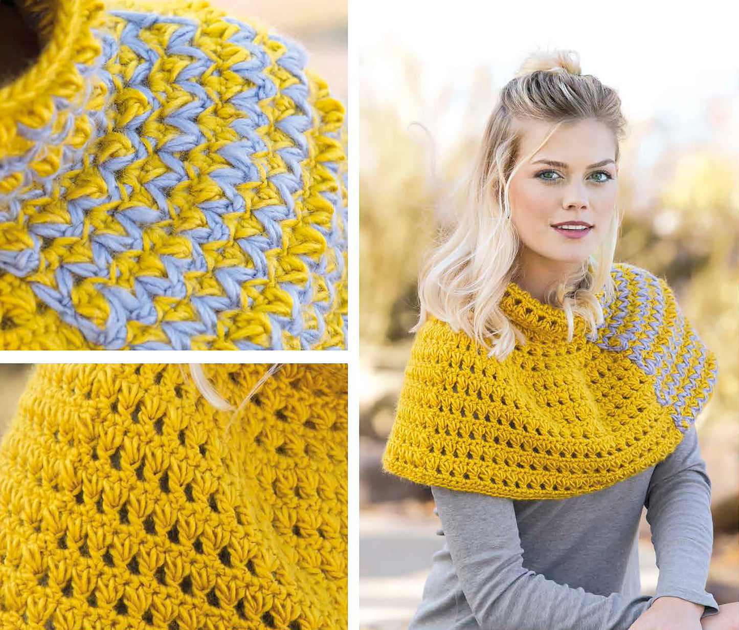 A woman with blonde hair wears a yellow and light gray capelet from the "Cozy Shawls & Scarves" collection by Leisure Arts, showcasing textured stitches in medium weight yarn. Close-up photos reveal the intricate details outdoors on a sunny day.