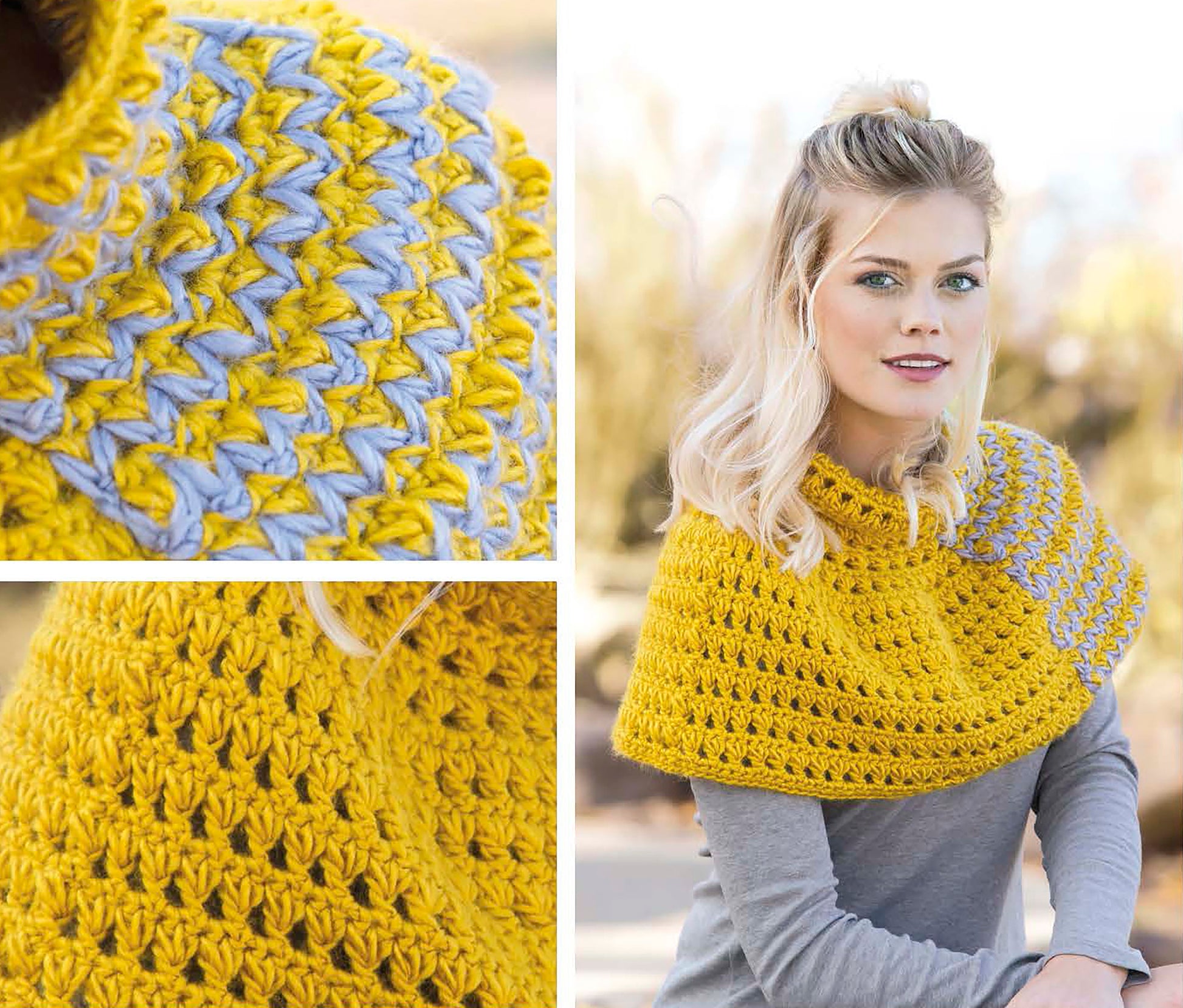 A woman with blonde hair wears a yellow and light gray capelet from the "Cozy Shawls & Scarves" collection by Leisure Arts, showcasing textured stitches in medium weight yarn. Close-up photos reveal the intricate details outdoors on a sunny day.