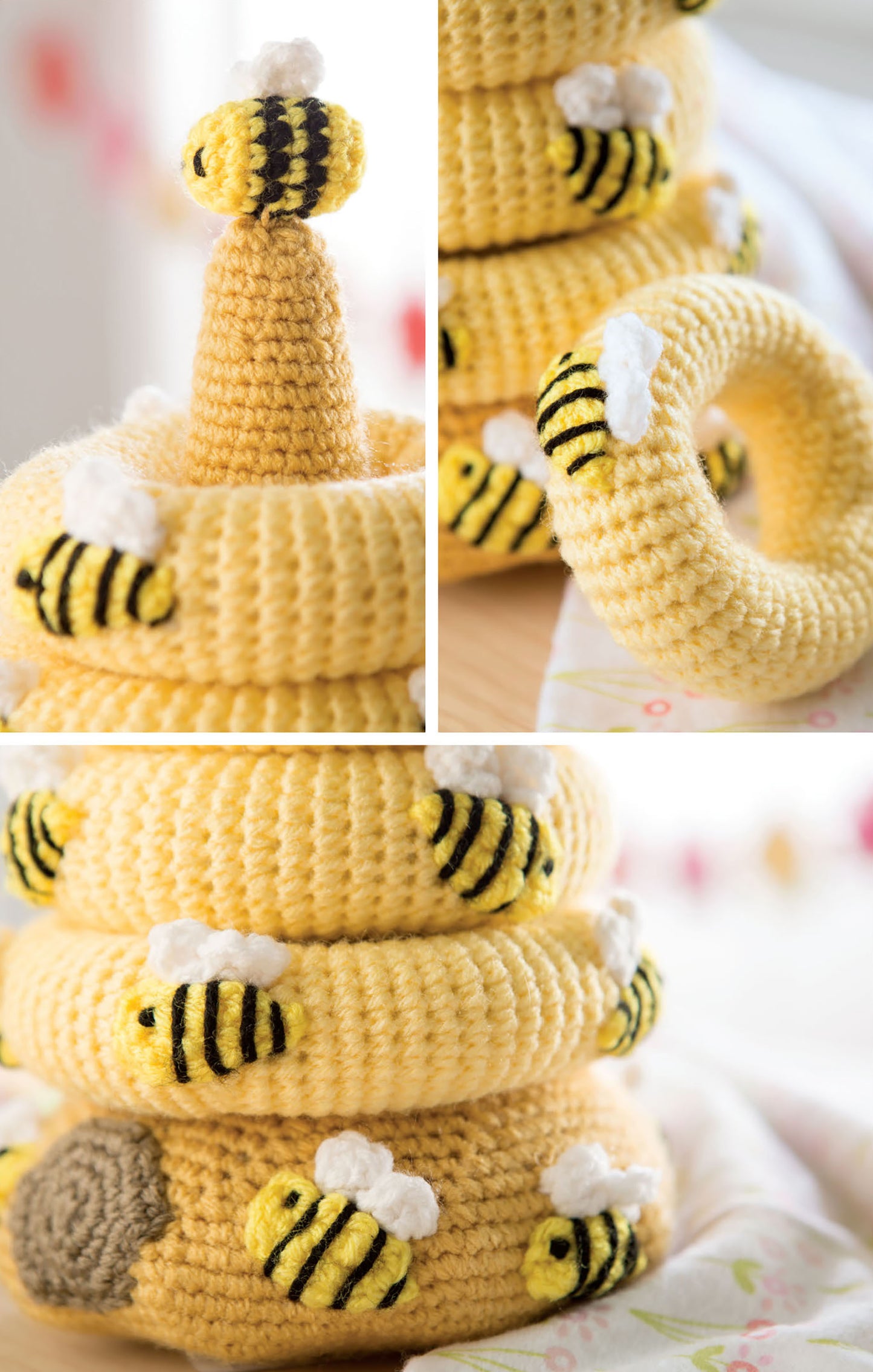 The Baby Stacks—6 Easy Toys to Crochet! set by Leisure Arts features crocheted yellow rings with cute handmade bees and white wings, stacked on a central post and displayed against a soft, cozy background.