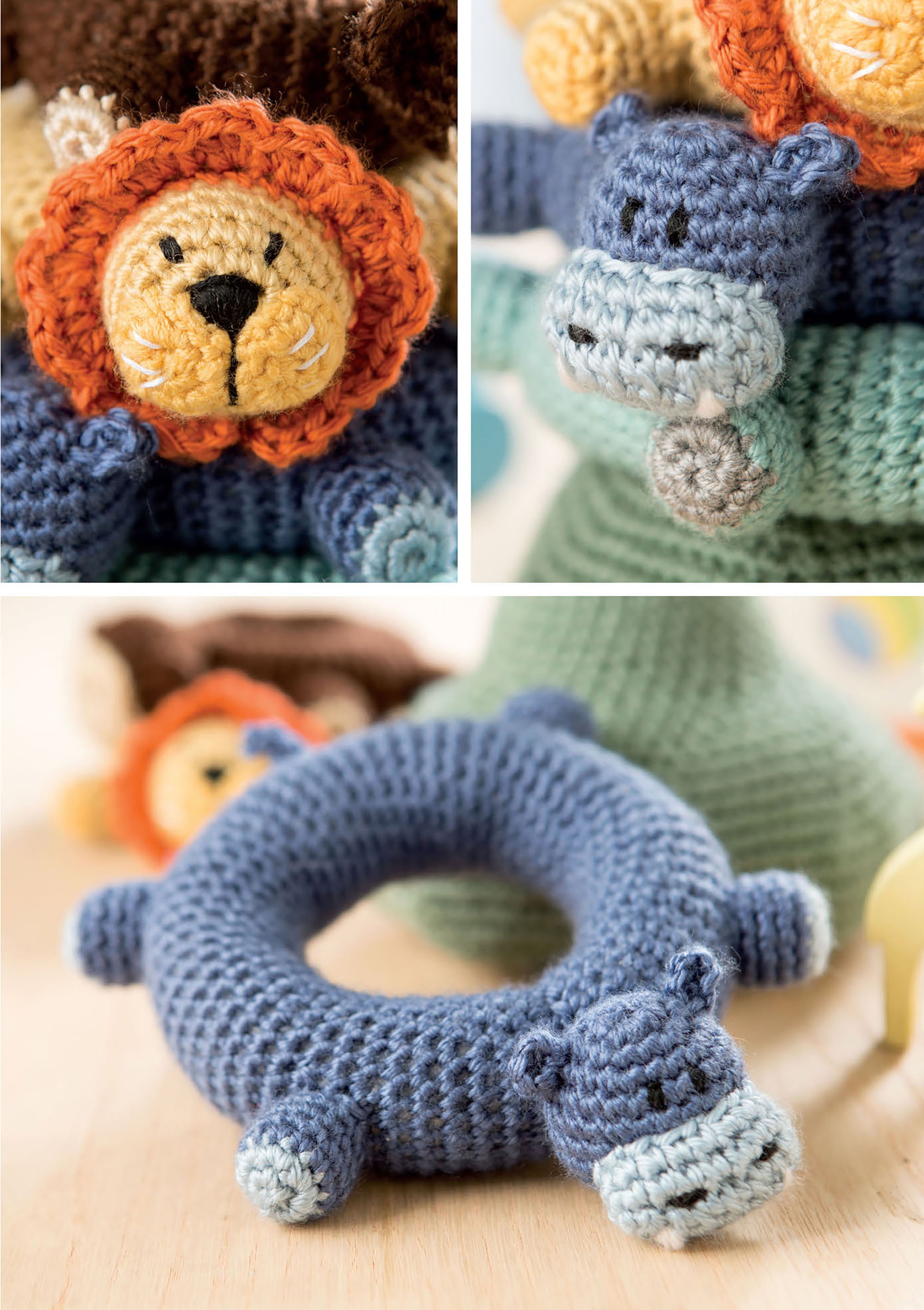 A collage shows soft animal toys, with a blue hippo ring rattle in focus—one of the beginner crochet designs from "Baby Stacks—6 Easy Toys to Crochet!" by Leisure Arts. Other animal toys, like a lion, are blurred in the background.
