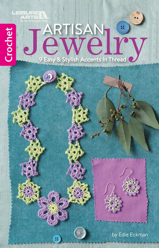 Cover of Leisure Arts’ "Artisan Jewelry—9 Easy & Stylish Accents in Thread" shows handmade purple and green necklaces, bracelets, and earrings on a blue fabric background.