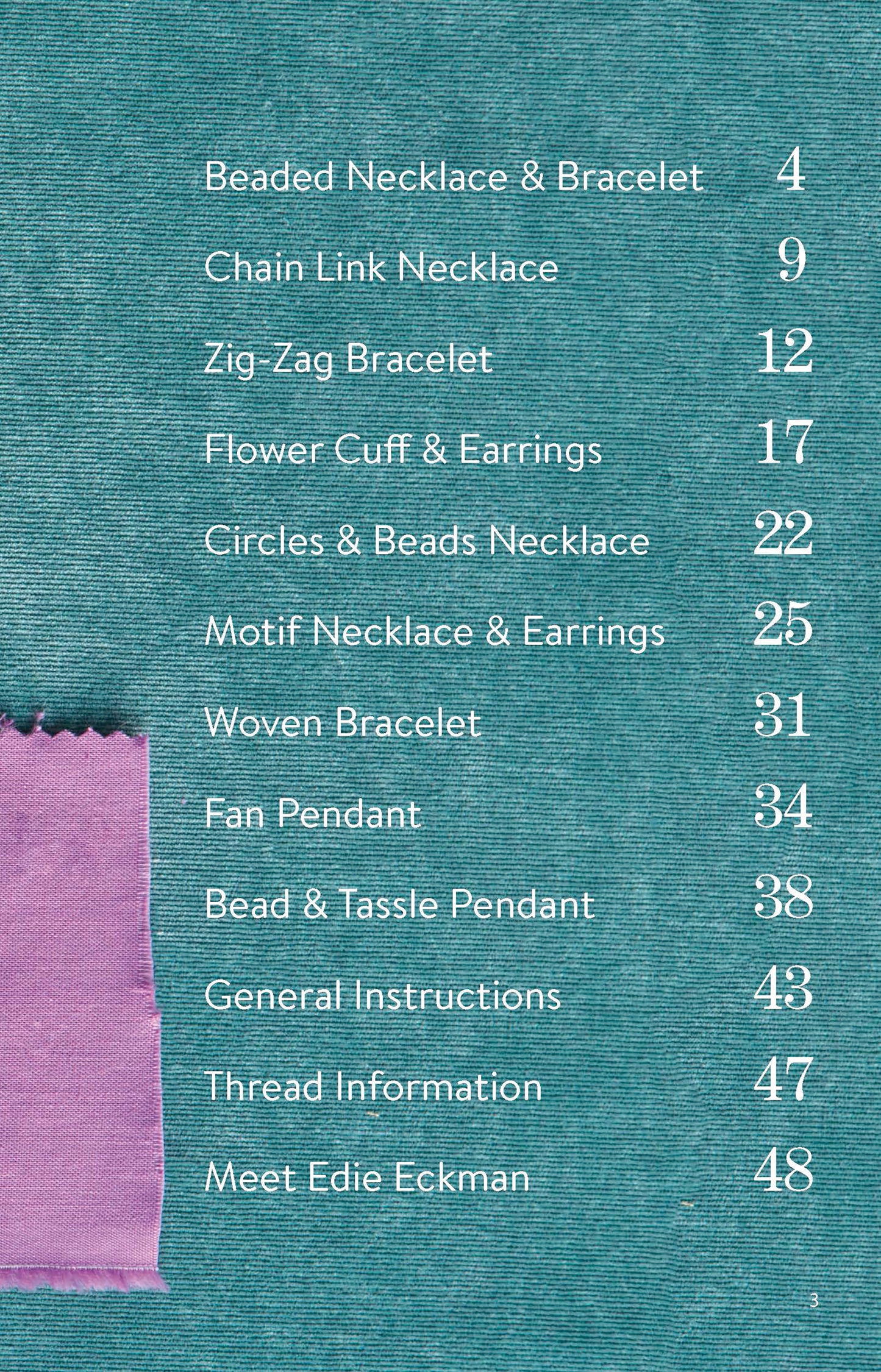 The table of contents page for "Artisan Jewelry—9 Easy & Stylish Accents in Thread" by Leisure Arts appears on teal fabric, listing earring and necklace projects in white text, with a small purple cloth attached at the bottom left.