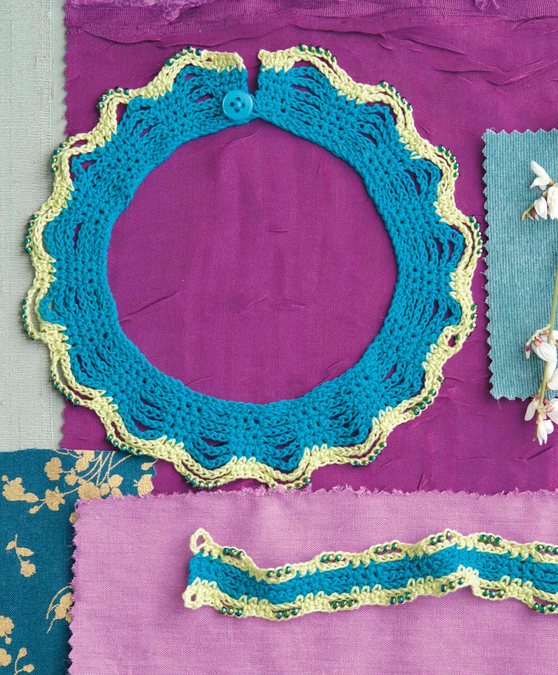 Artisan Jewelry—9 Easy & Stylish Accents in Thread by Leisure Arts is showcased on purple fabric with colored swatches, a blue floral piece, and matching crocheted bracelets.