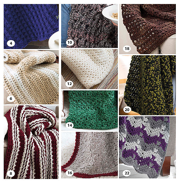 A collage of nine numbered close-ups shows textured crochet and knit blankets from Leisure Arts' "Make in a Weekend Textured Lap Throws" digital download, featuring easy patterns in vibrant colors—perfect for beginner crochet fans.