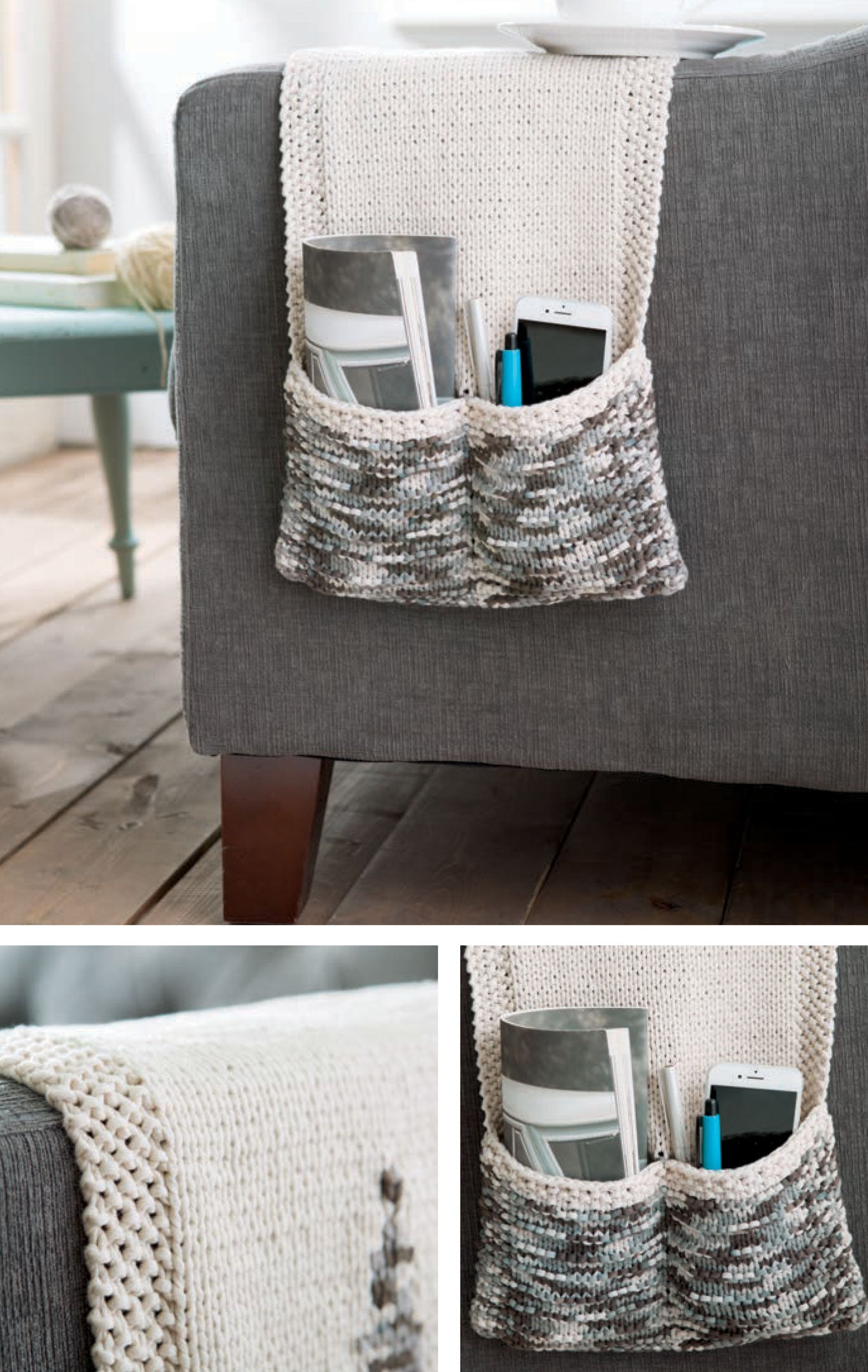 The Chunky Home Decor Digital Download from Leisure Arts is a stylish knitted armrest organizer in cream and variegated gray yarn, shown draped over a gray couch. It features two pockets that conveniently hold a magazine, glasses, and pen.