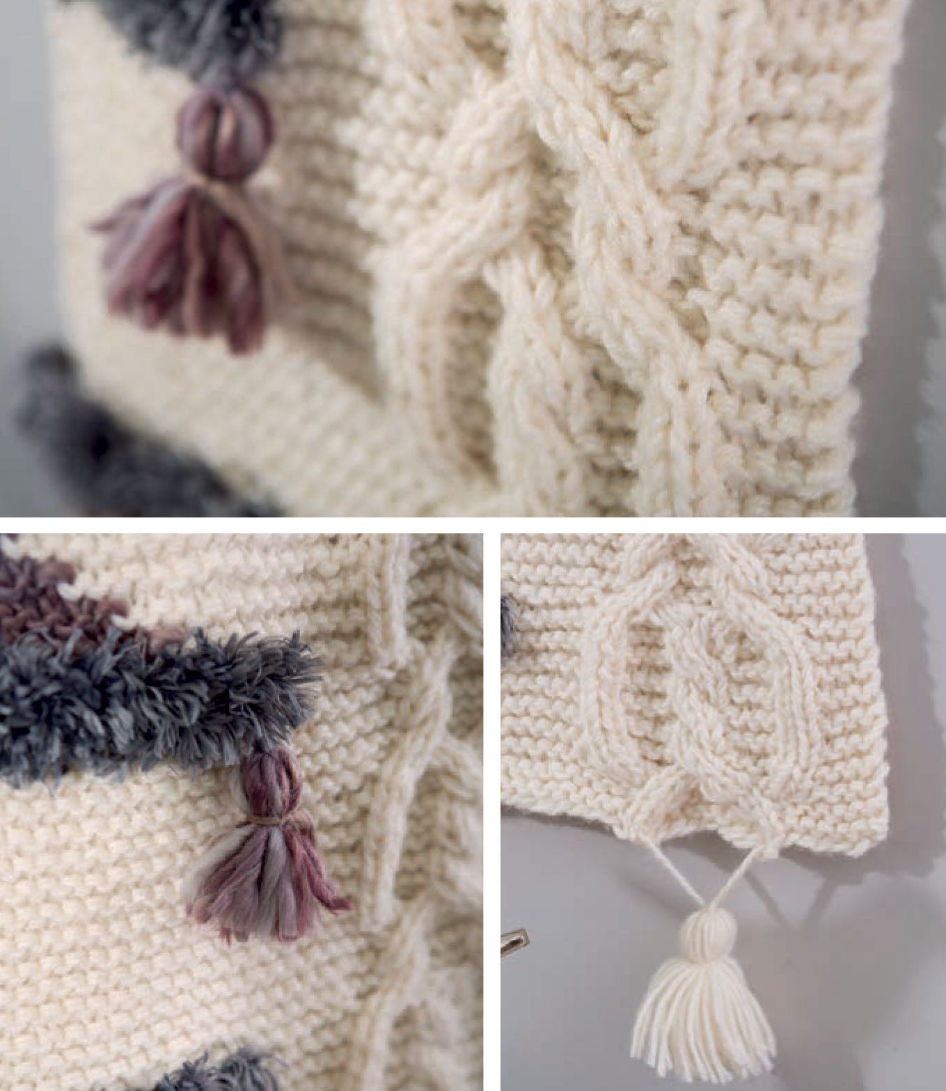 Three close-up views showcase chunky cable-knit textures from the "Chunky Home Decor Digital Download" by Leisure Arts, featuring cream fabric with purple, gray, and white tassels—ideal inspiration for cozy home accents.