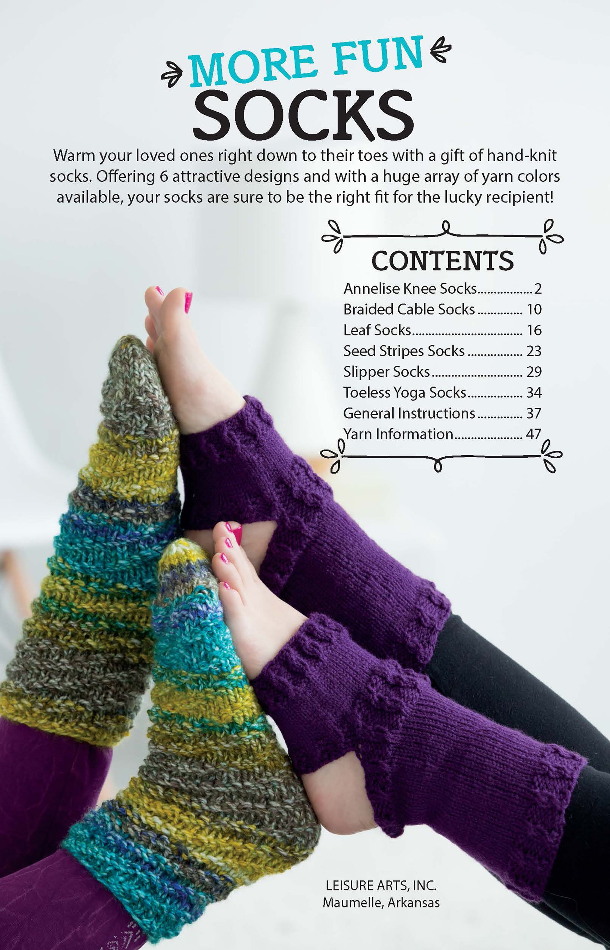 Two people wear colorful, hand-knit socks with unique patterns and textures. The image shows the "More Fun Socks" book by Leisure Arts, ideal for family sock designs, with its table of contents displayed on the right.
