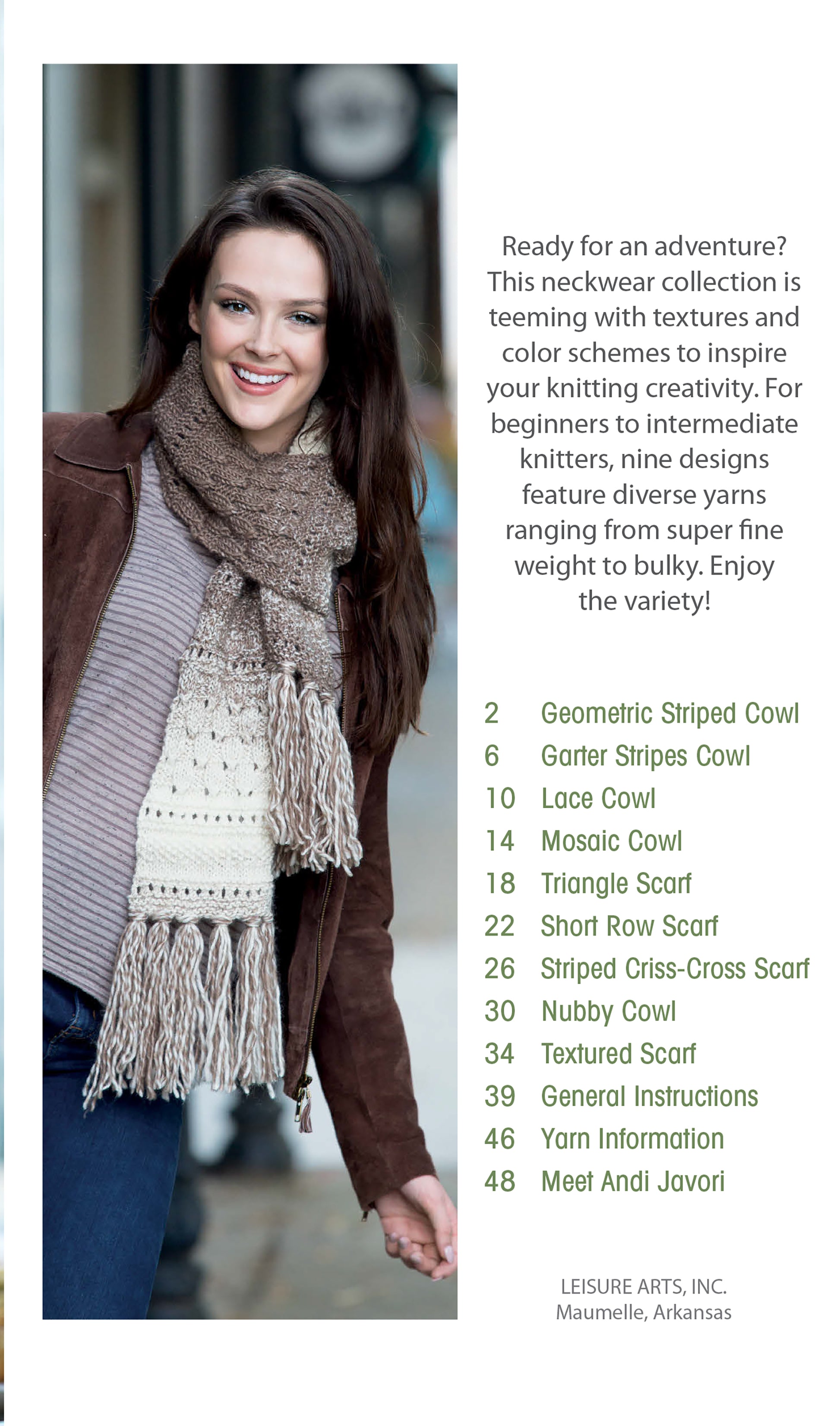 A smiling woman with long brown hair models cozy knitwear from Leisure Arts’ "Warm up with Scarves & Cowls." Beside her is a list of beginner patterns and the collection’s table of contents.
