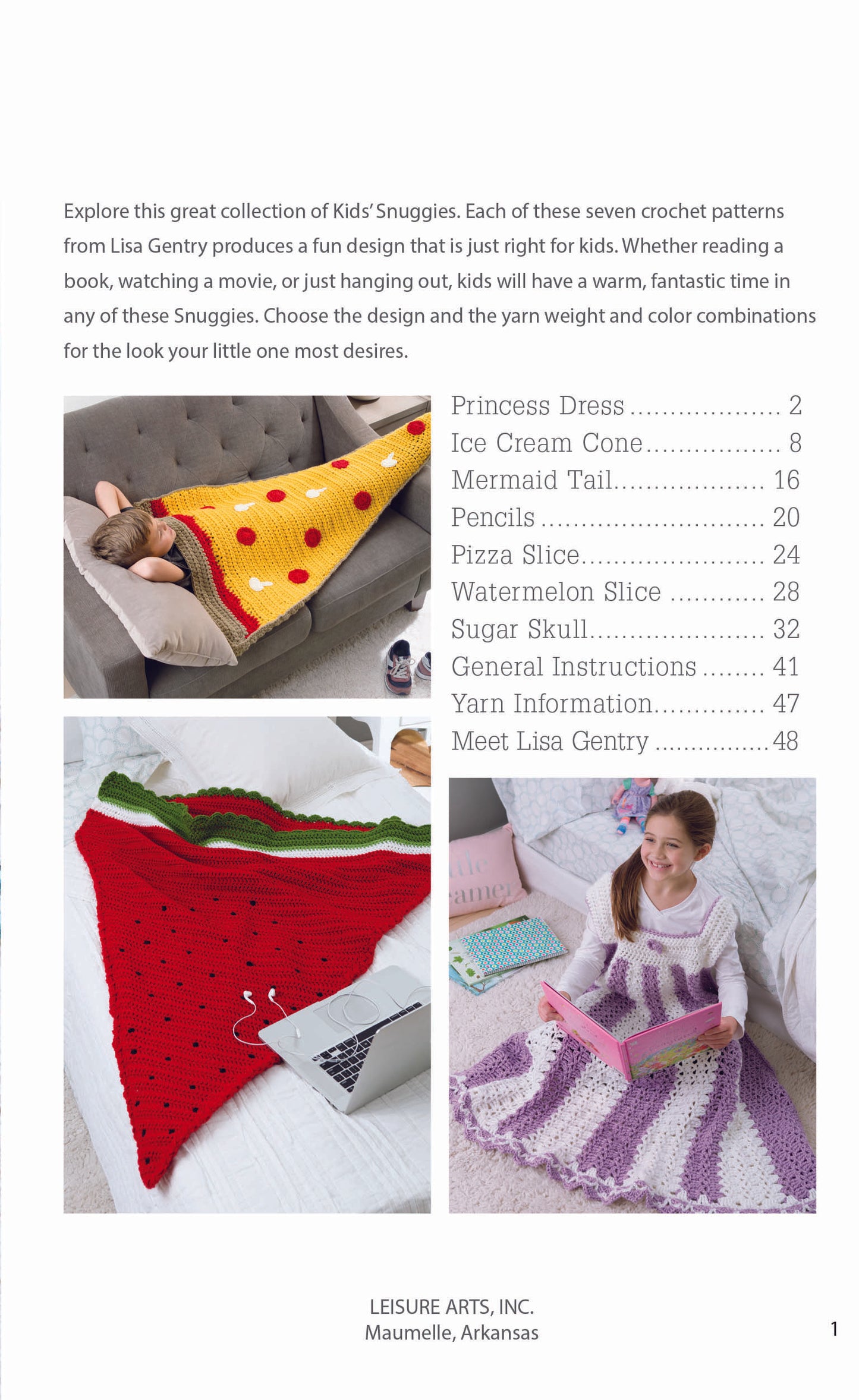 Three photos show children wrapped in colorful Kids' Snuggies by Leisure Arts—a princess dress, watermelon, and pizza slice—beside a table of contents featuring easy, creative blanket patterns for kids.