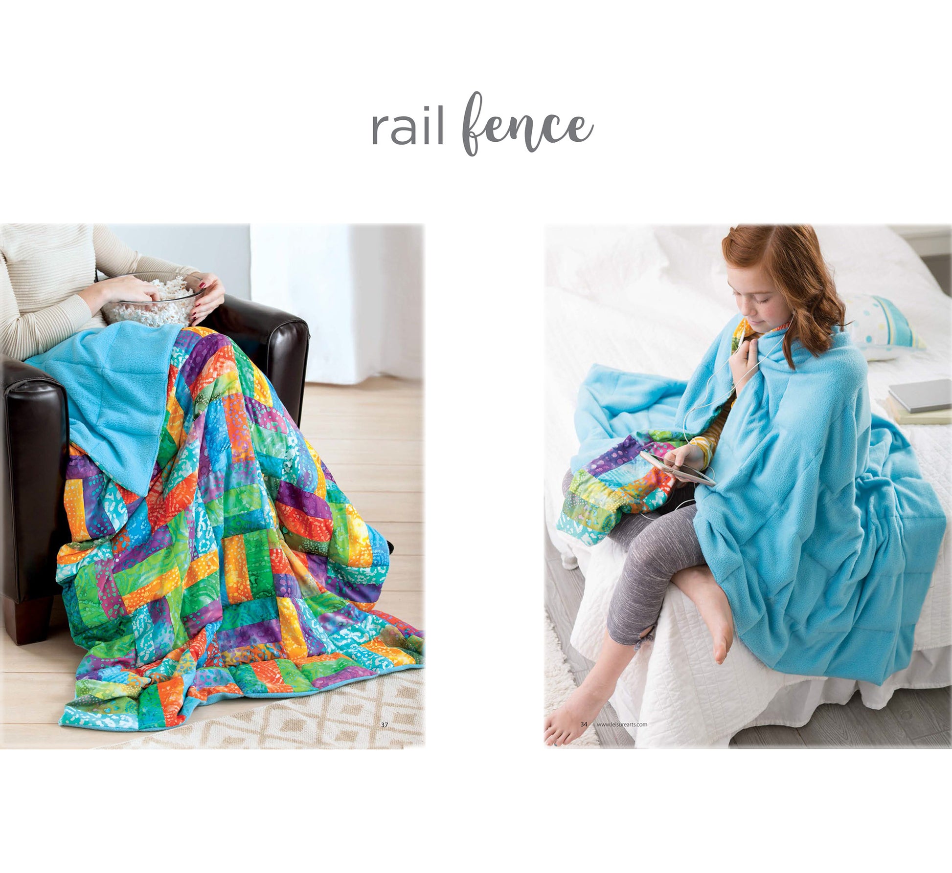 Two images: on the left, a person sits on a white chair with a colorful rail fence quilt and Cozy Weighted Blanket by Leisure Arts; on the right, a child on a bed is wrapped in the same quilt and Cozy Weighted Blanket.