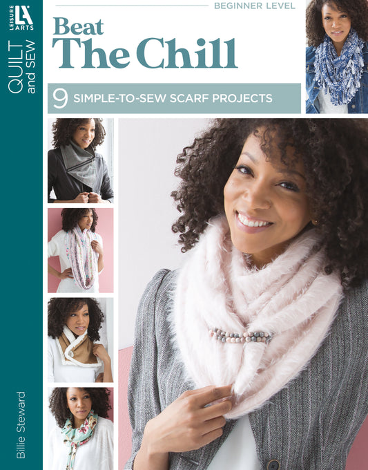 A magazine cover from Leisure Arts titled "Beat the Chill—9 Simple-to-Sew Scarf Projects" shows a smiling woman in a pale pink textured neck wrap, with smaller images of scarf designs. Includes easy instructions for all 9 projects.