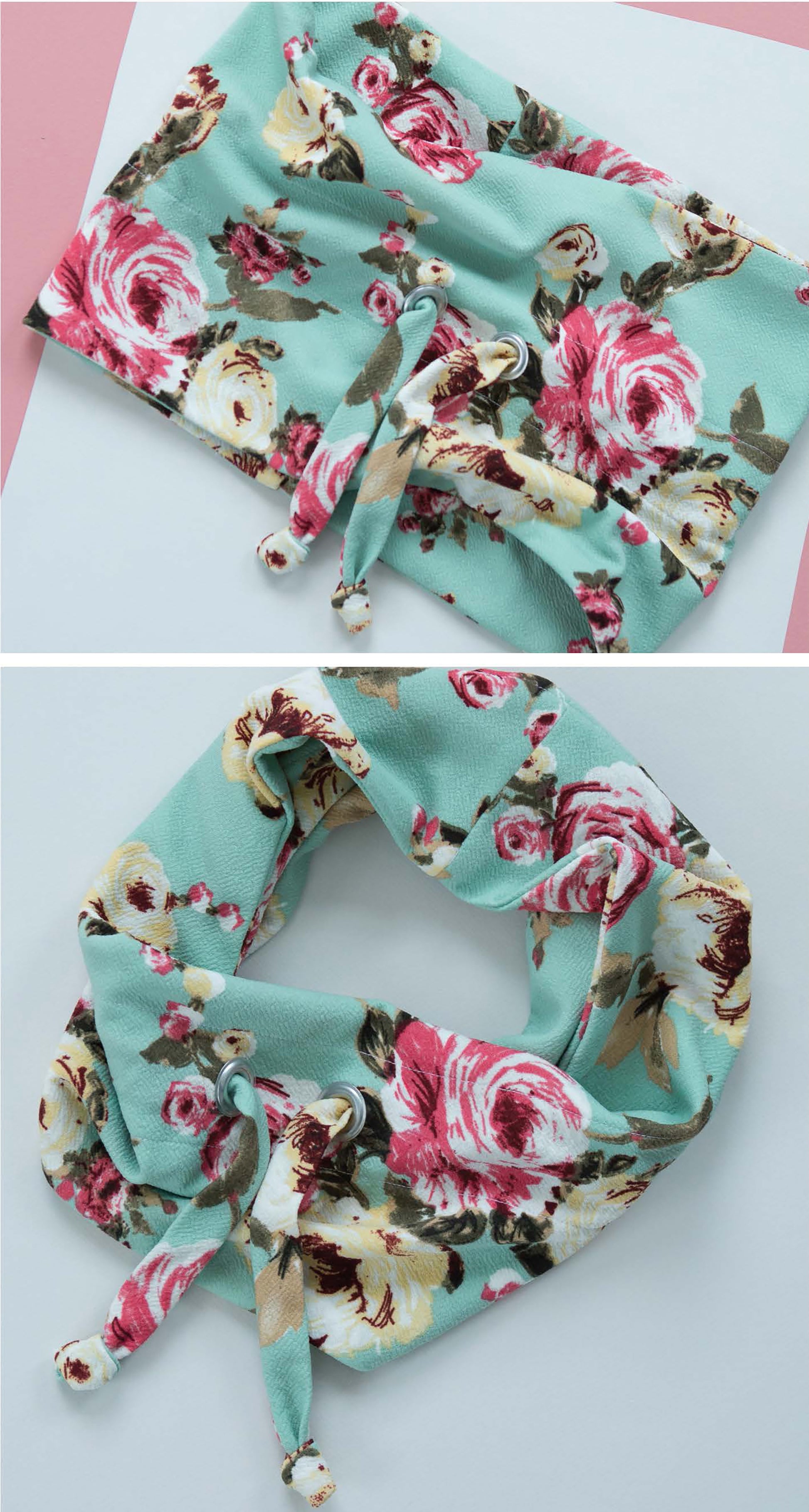 Two views of a light blue-green neck wrap with pink, white, and yellow roses plus drawstrings—shown flat and looped. From Leisure Arts’ Beat the Chill—9 Simple-to-Sew Scarf Projects, it's perfect for your next scarf-making project.