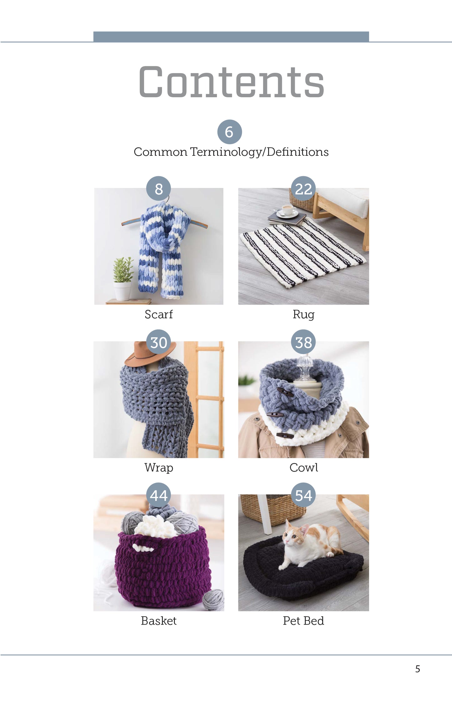 The Loops & Twists—Knitting Without Needles contents page by Leisure Arts displays six labeled projects—scarf, rug, wrap, cowl, basket, and pet bed—with photos and numbered circles. Great for loop yarn fans or beginner knitters.