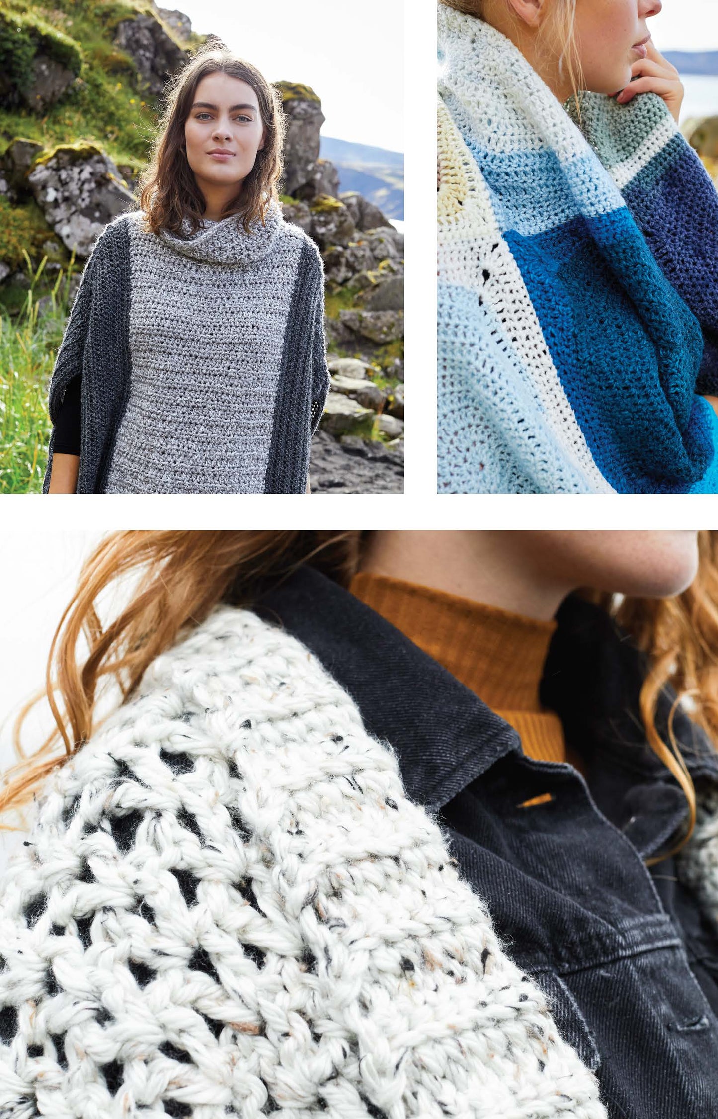 A collage displays women modeling the Northern Lights Crochet Digital Download shawls by Leisure Arts, featuring cozy crochet designs in various stitch patterns and colors, photographed outdoors among natural, rocky scenery.
