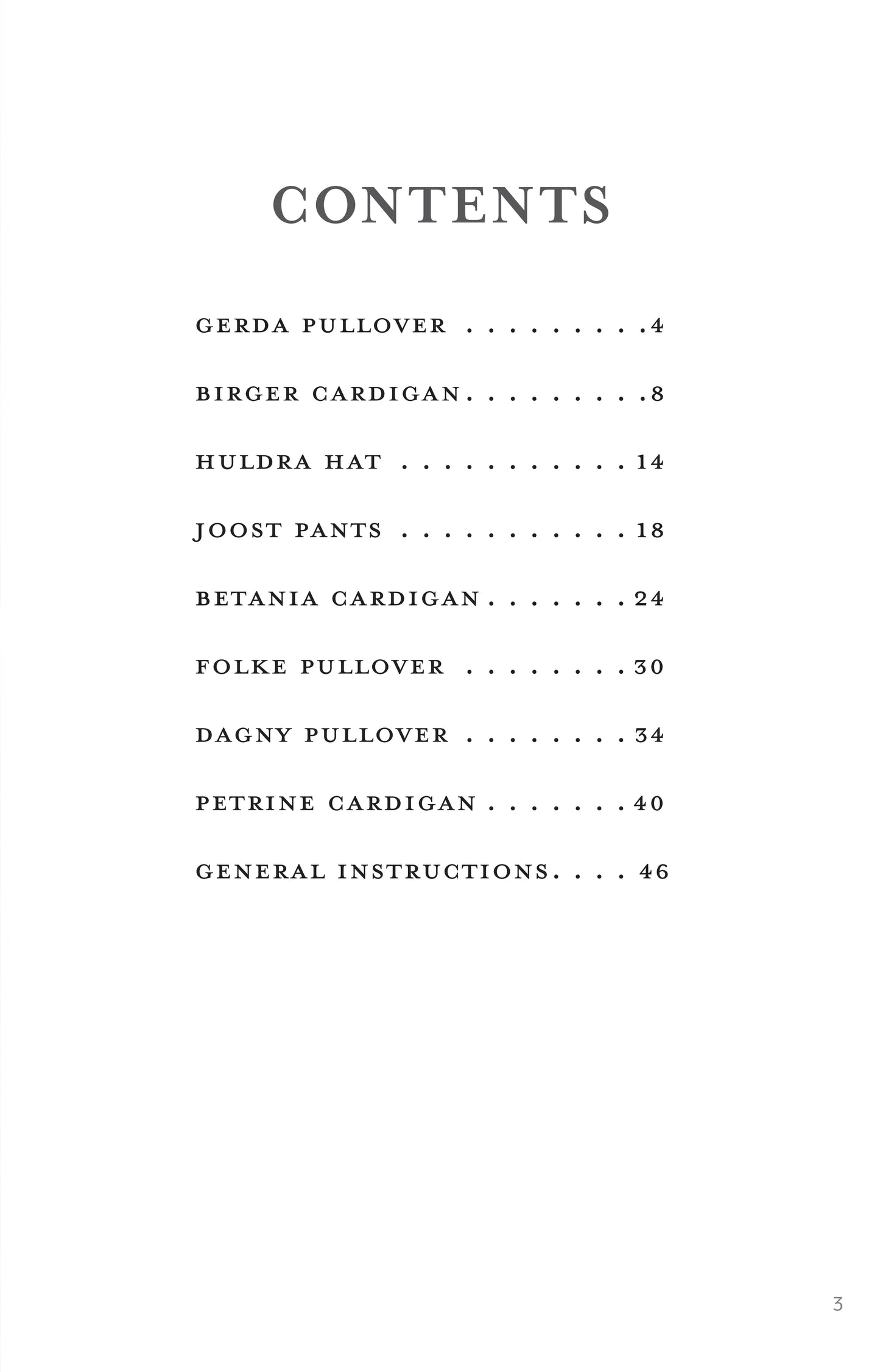 The "Northern Lights Knits" by Leisure Arts features a table of contents listing cozy wool knitting patterns—Gerda Pullover, Birger & Betania Cardigans, Huldra Hat, Joost Pants, Folke & Dagny Pullovers, Petrine Cardigan—and General Instructions with page numbers.