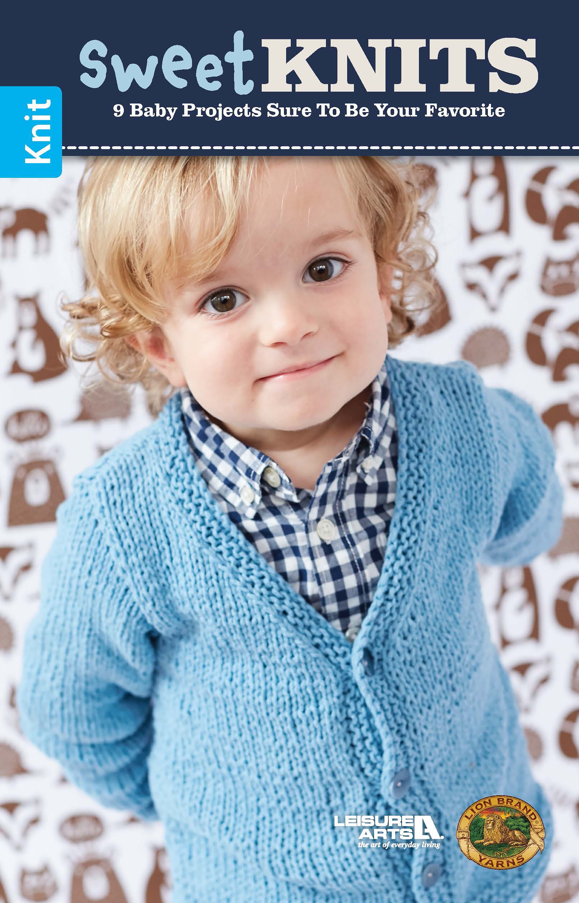 A young child with curly blonde hair wears a light blue knitted cardigan over a plaid shirt, standing before a patterned background on the cover of Leisure Arts’ Sweet Knits—9 Baby Projects, featuring charming handmade baby knitting patterns.