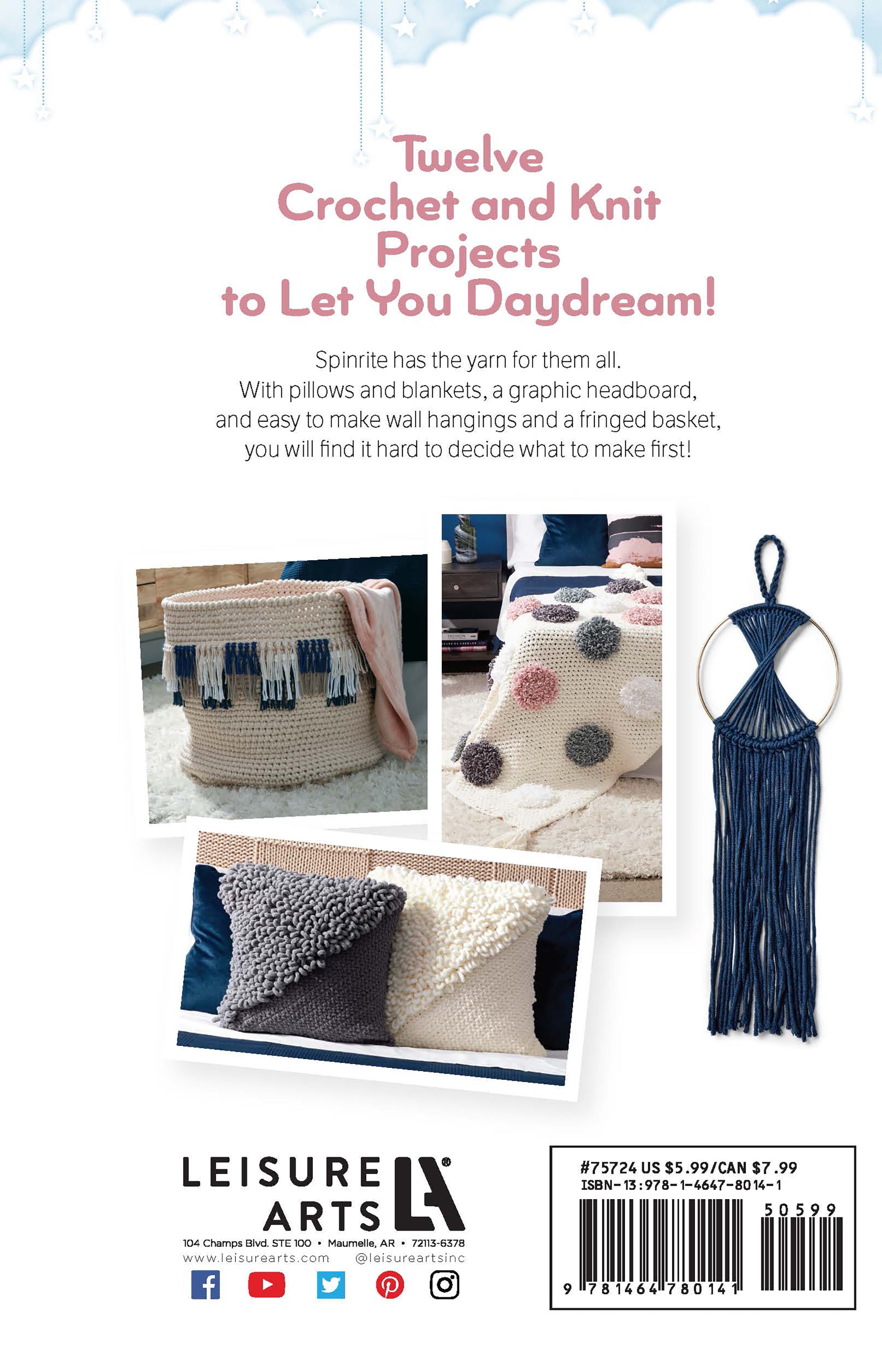 Back cover of the Leisure Arts Daydream Pattern Collection Digital Download, showcasing photos of beginner crochet and knit projects like a fringed basket, pom-pom pillow, textured gray pillow, and navy wall hanging on a metal ring.