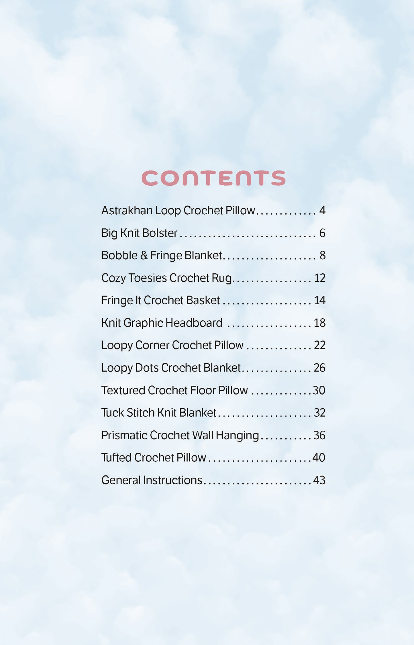 The Daydream Pattern Collection Digital Download by Leisure Arts features a sky-blue cloud table of contents with crochet and knit projects—pillows, blankets, rugs, wall hangings—plus beginner knitting patterns and bulky yarn tips.