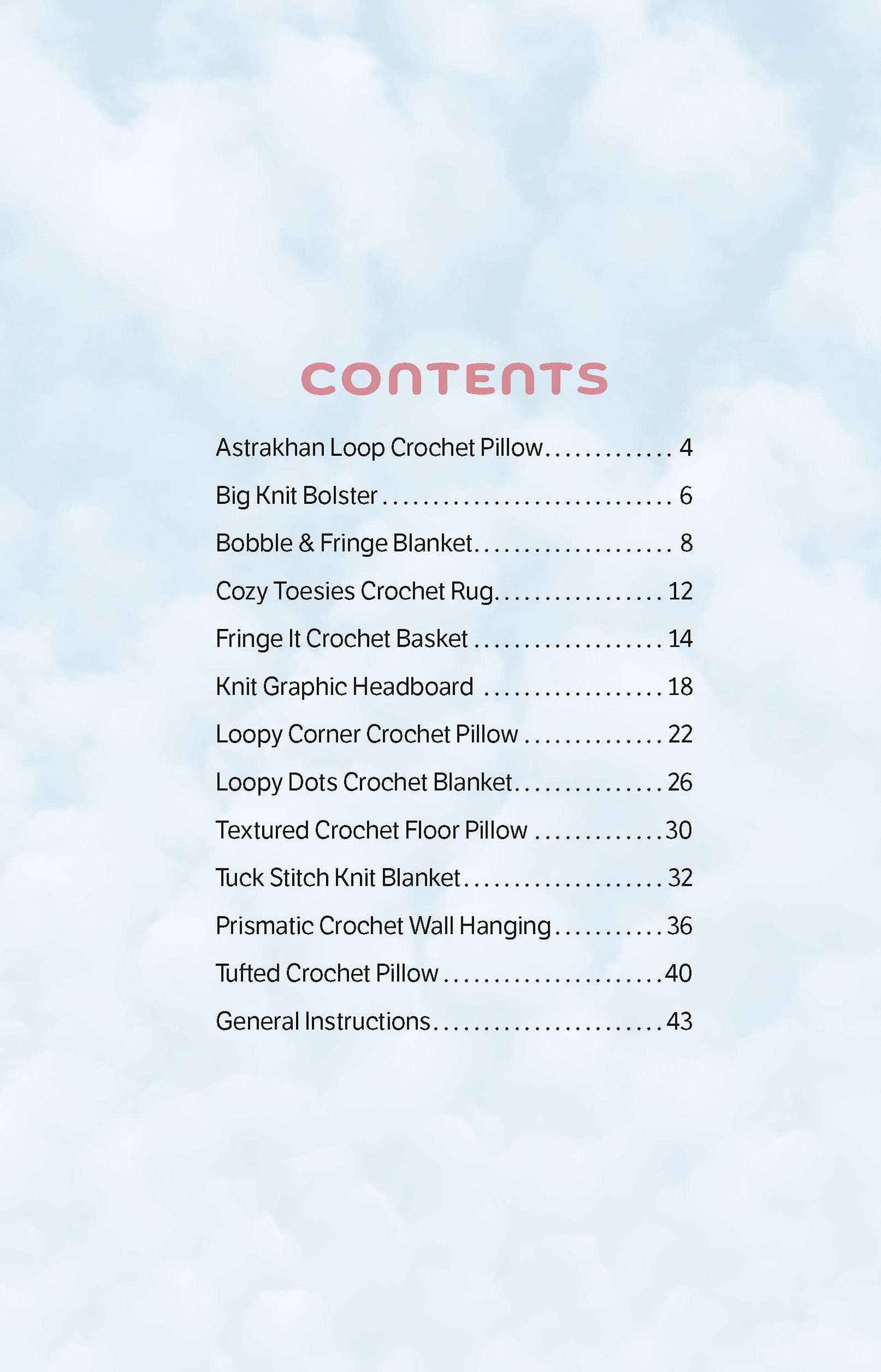 The Daydream Pattern Collection Digital Download by Leisure Arts features a sky-blue cloud table of contents with crochet and knit projects—pillows, blankets, rugs, wall hangings—plus beginner knitting patterns and bulky yarn tips.