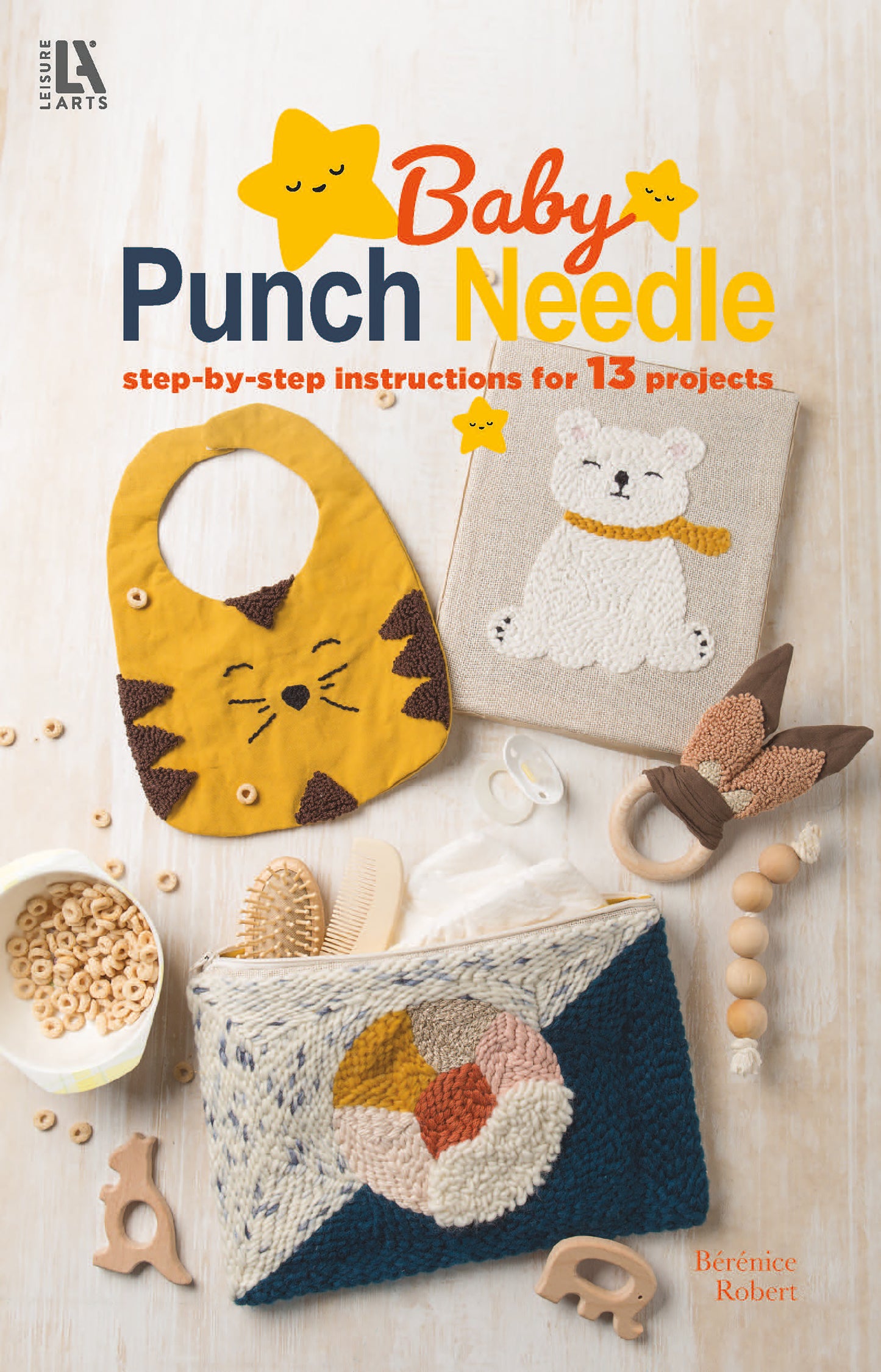 The "Baby Punch Needle—Step-by-Step Instructions for 13 Projects" book by Leisure Arts features playful star graphics and beginner projects like a tiger bib, polar bear art, zip pouch, teether, and trendy baby accessories.