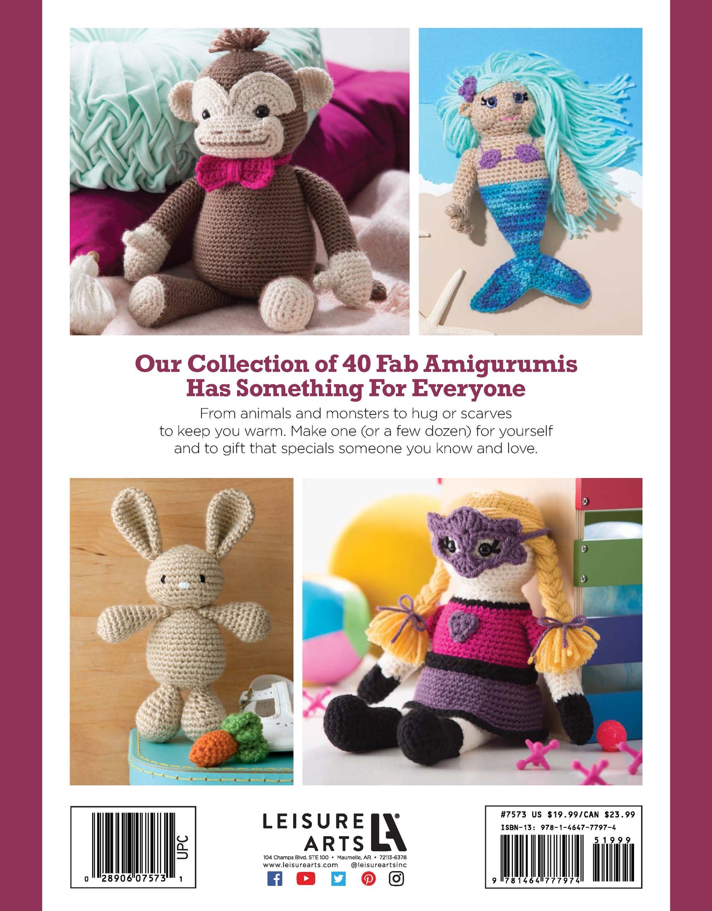 Back cover of "Amigurumi An Adorable Collection" by Leisure Arts features photos of a monkey, mermaid, bunny with carrots, and masked cat in a dress—plus details on 40 cute stuffed doll patterns.