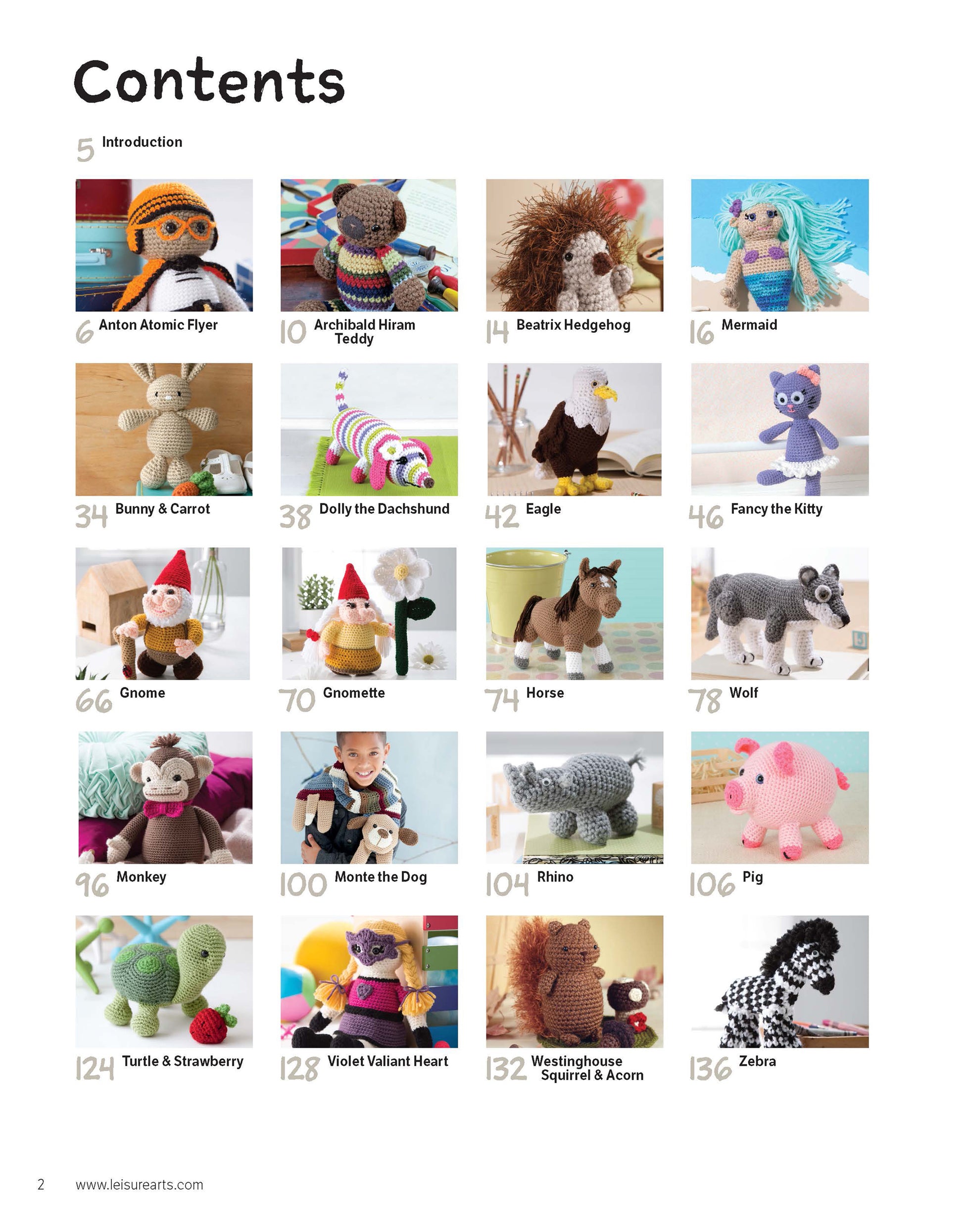 The contents page of "Amigurumi An Adorable Collection" by Leisure Arts displays 20 small crochet animals, each numbered, named, and photographed in a playful grid with bright colors.