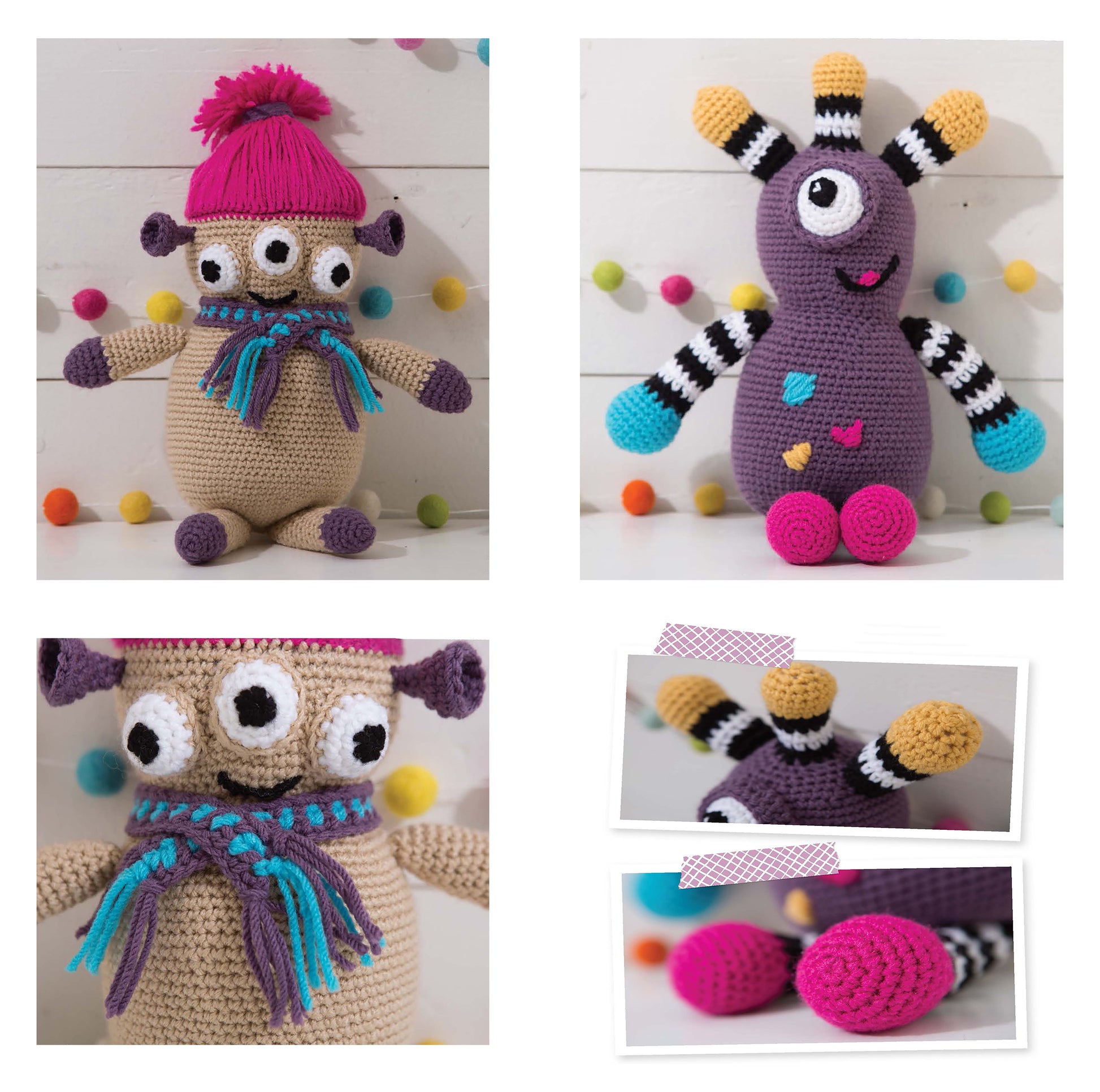 A vibrant collage features amigurumi monster dolls from "Amigurumi An Adorable Collection" by Leisure Arts, showcasing striped arms, multiple eyes, bright hats, and hearts on a white background with pom-poms and crochet detail close-ups.