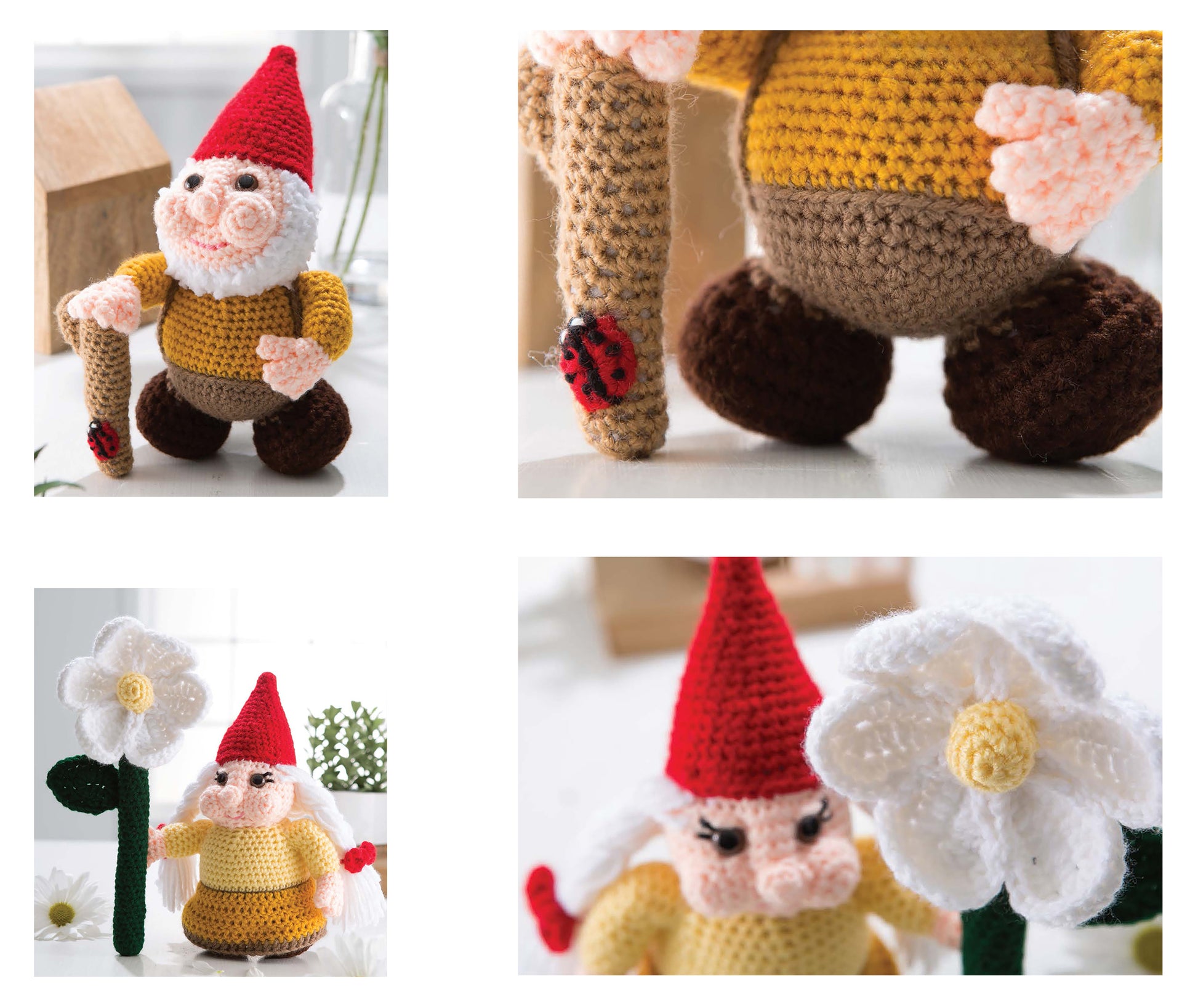 Four images from Leisure Arts' "Amigurumi An Adorable Collection" show a crocheted gnome with a red hat, yellow shirt, brown pants, and ladybug stick beside a large white flower—ideal inspiration for stuffed doll patterns.