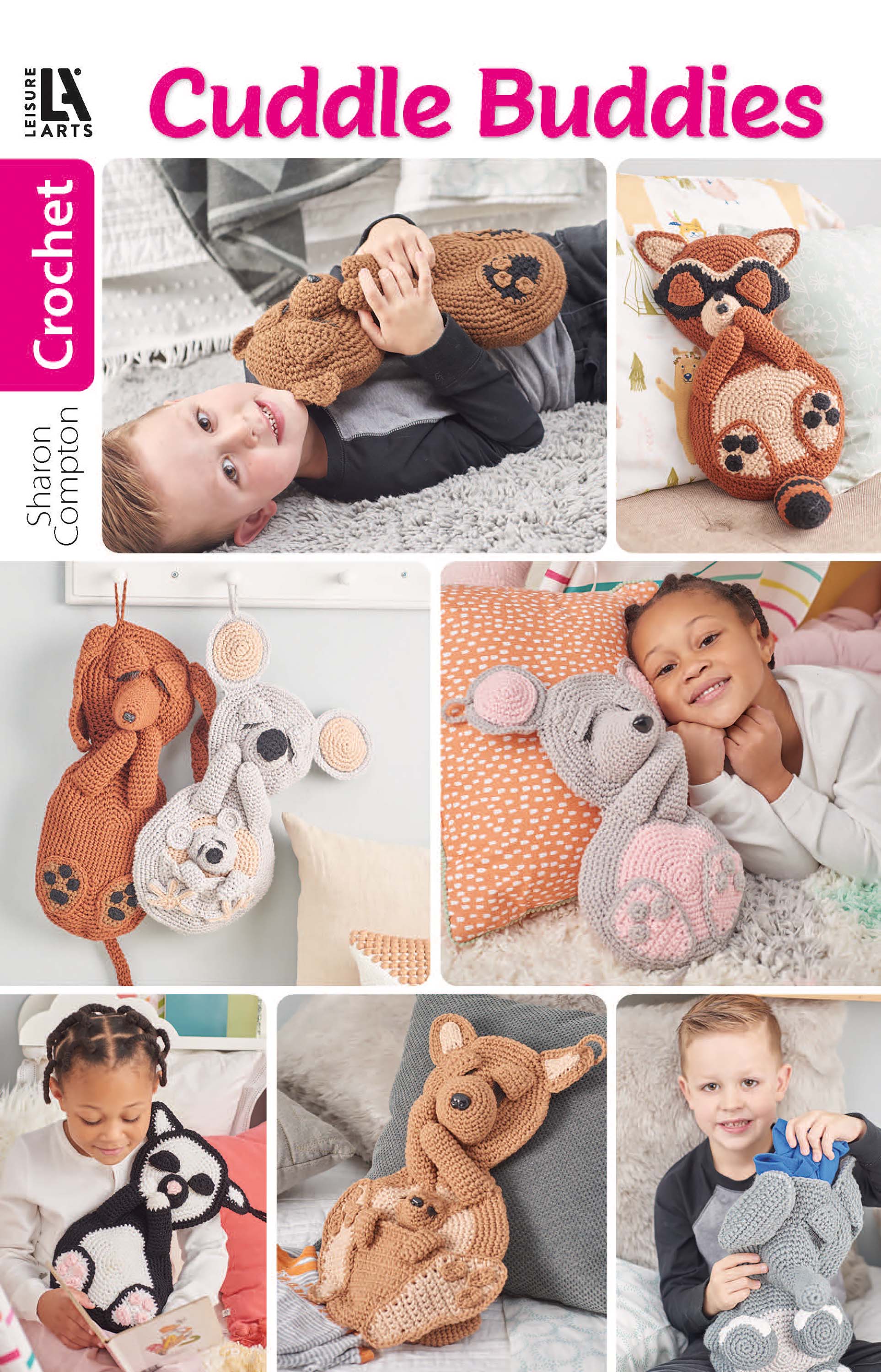 A collage of children hugging large crochet animals—a dog, mouse, panda, koala, and bear—with the title “Cuddle Buddies Crochet” from Leisure Arts; perfect for beginner crochet projects.